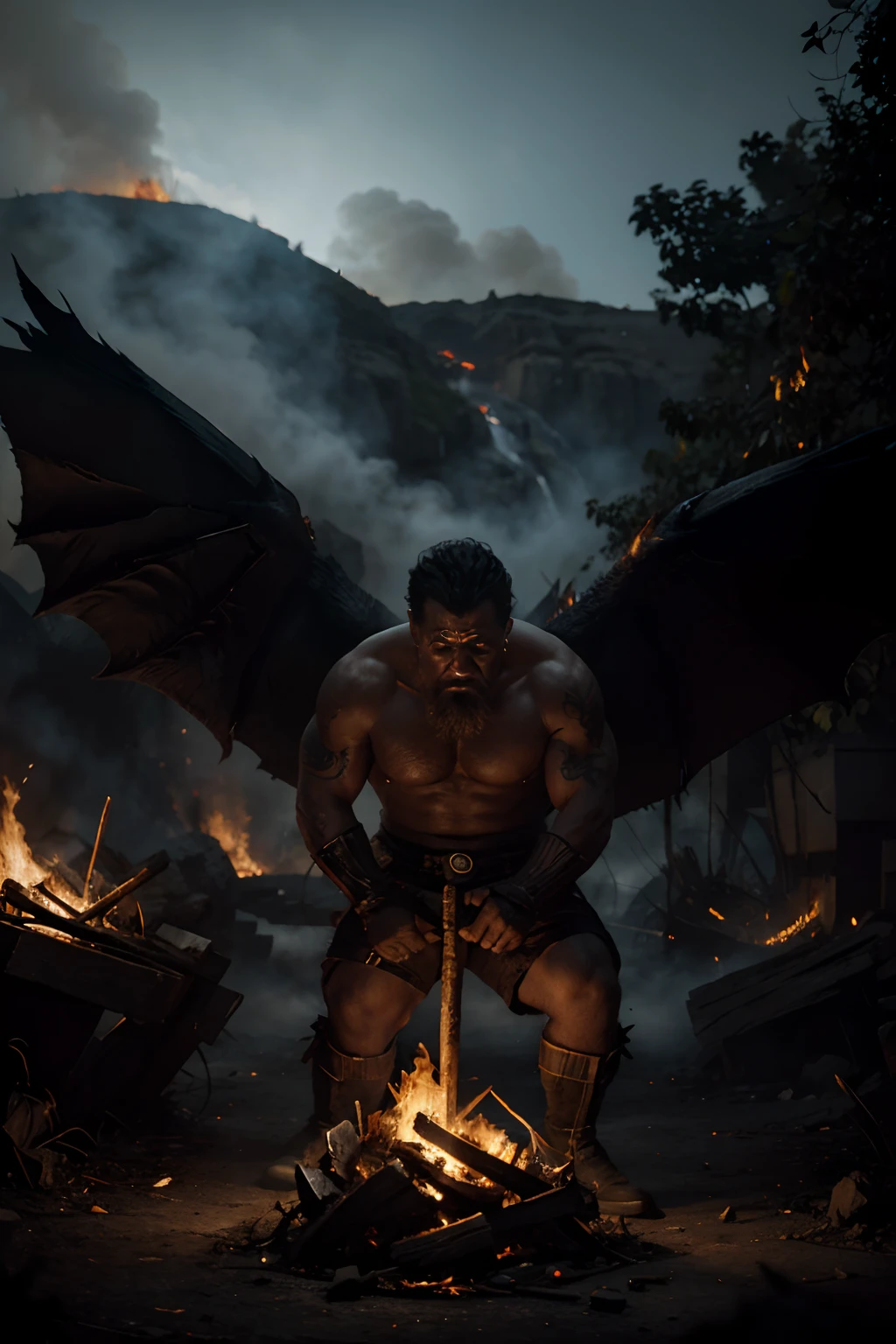 A Balrog's appearance is described as gigantic, with a human shape, but enveloped in black flames and smoke. They had wings and horns, as well as a fire whip that they could use as a weapon. They carried a large flaming axe, which was one of their characteristic weapons. Under the shadow and smoke that enveloped them, only their glowing eyes were visible.