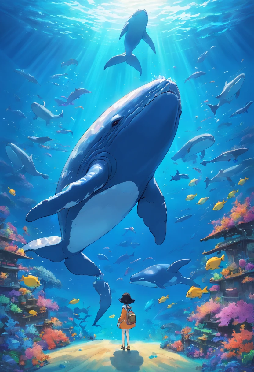 Whales after nuclear contamination，anthropomorphic turtle，Nuclear contamination，Fantastical colors，Nuclear-contaminated，Take the Sea King Trident，Standing on the sea with your waist crossed