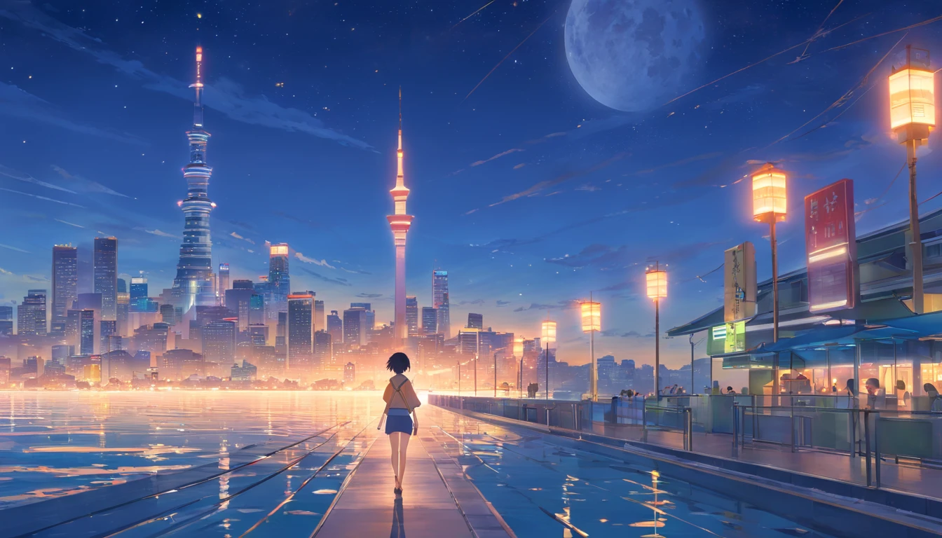 城市,detailed back ground,scenecy,the night,horizon,Best quality at best,tmasterpiece,horizon,themoon,