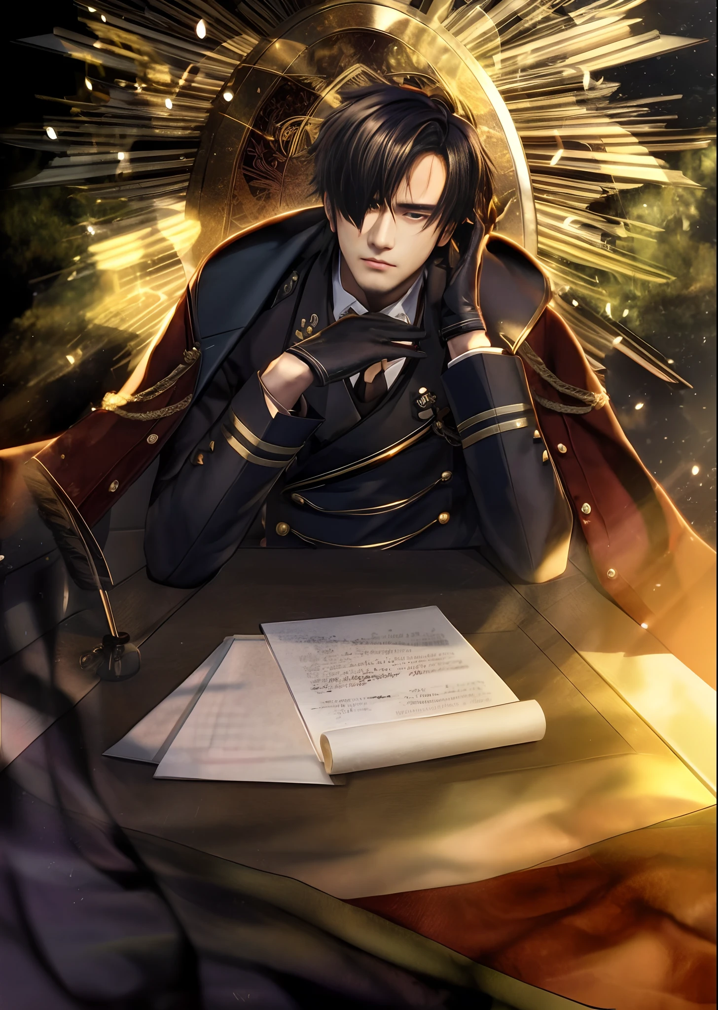 A 20-year-old boy，Short black hair and suit，irate，Flip over the table，whole body display，At the table，grand master，tmasterpiece，8k wallpaper，CG，Ultra-high image quality，light and shadow effect