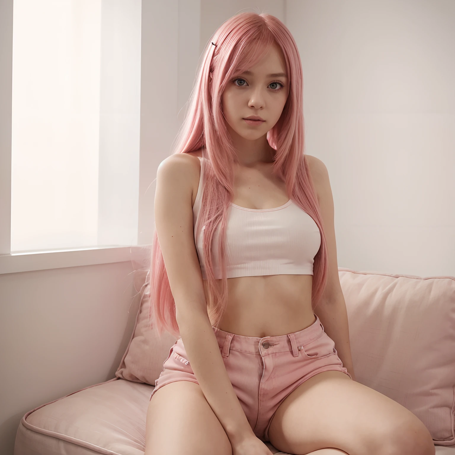 1girl, sakura haruno character, nude, big boobs, with pussy, without clothes, sit down posision, long hair, pink hair, realistic, ultra detail, 70mm lens