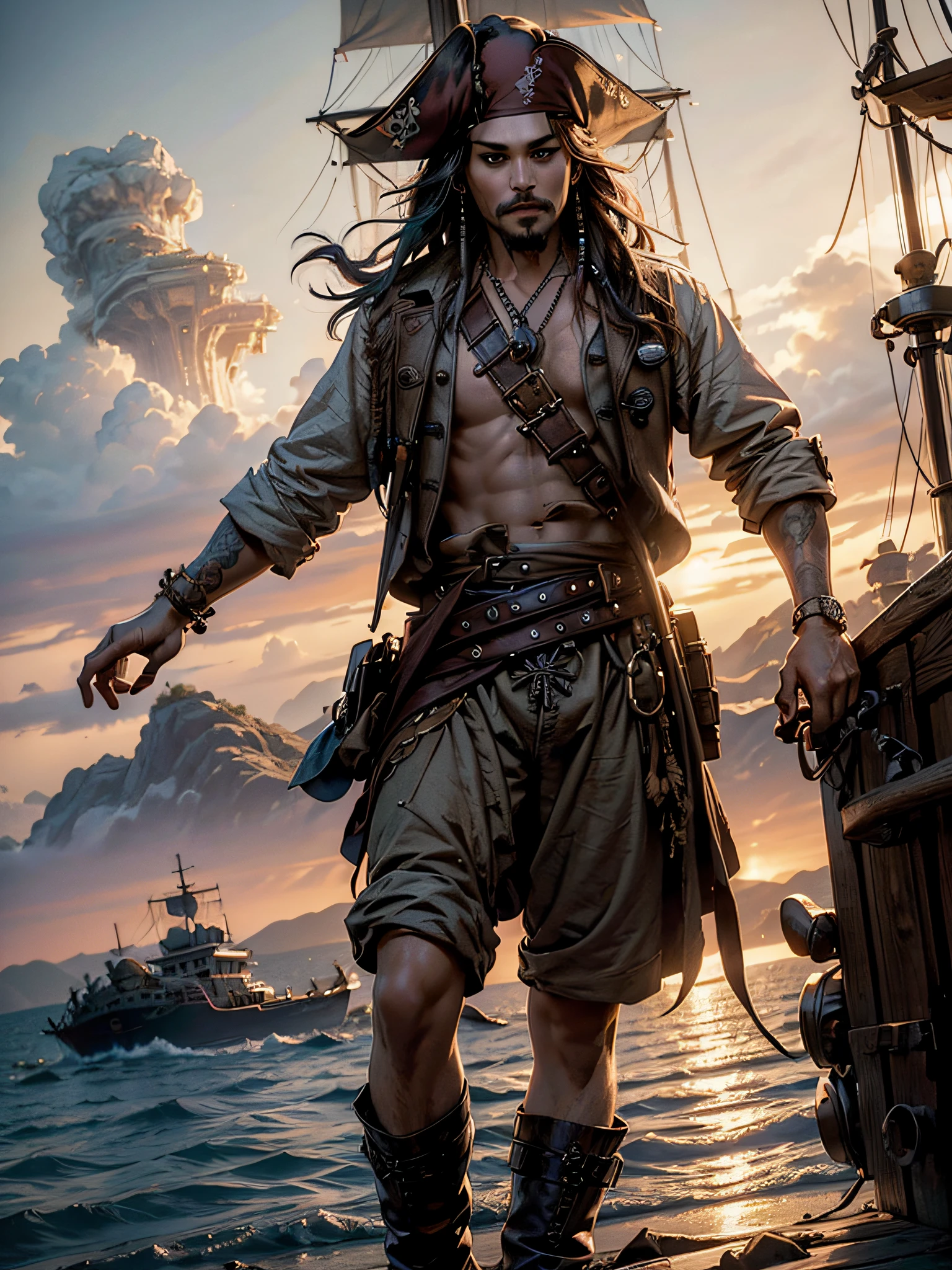 Jack Sparrow, standing at the end of his pirate ship, holding his mustache, smirking, pirate flag on mast, full body, {extremely detailed 8k CG unit wallpaper}, expansive landscape photography, (a centered view focusing on character and setting), (wide open field view), (high angle shot), (high light: 1.6), (low light: 1.6), (warm light source: 1.8), complex details, (iridescent colors: 1.5), (bright lighting), (atmospheric lighting), Dreamy, epic