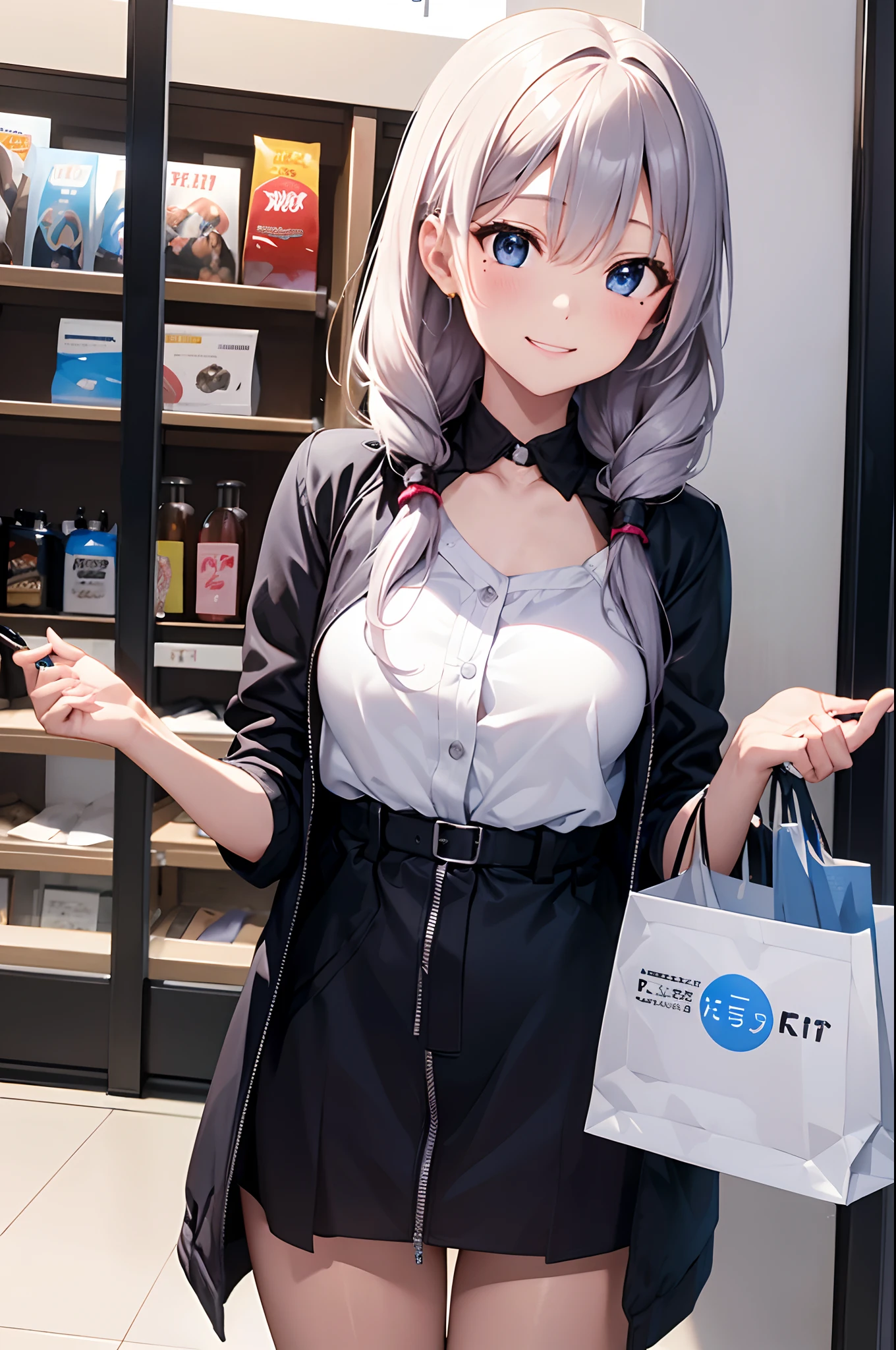 (Girl with a nasty appearance:1.3)、(Daytime:1.5)、(and chest:1.4)、Raw photography, top-quality, hight resolution, (masterpiece), (Photorealsitic:1.4), (Mole under the eyes),Anime Cosplay, foco nítido, nffsw, 8K分辨率, intricate detailes, depth of fields, the Extremely Detailed CG Unity 8K Wallpapers, front lit, femele,25-years old、 Happy face,Smiling、Bangs covering one eye、(tying hair:1.5)、(Medium Showtrain Bo Hair)、(Large jacket)、blue eyess,(Company:1.5)、(Shopping while shopping:1.3)、(Full body depiction)、Calling:1.2)、shining world、Clock on the wall、s Office、personal computers、