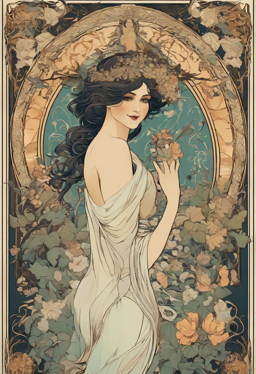 8k.Poster illustration in the style of Alphonse Mucha, mujer gotica, diosa de la muerte, pelo negro, piel palida, Pintura plana, Hermosa mujer occidental en vestido largo lila hasta los tobillos, Emmawatoso,sosteniendo un ramo de lirios blancos, ropa oscura, cuerpo completo como,Cuerpo delgado,descalzo,Modernismo, Plantas en el fondo, NFSW, Masutepiece, Alfonse Mucha, Detalles altos
