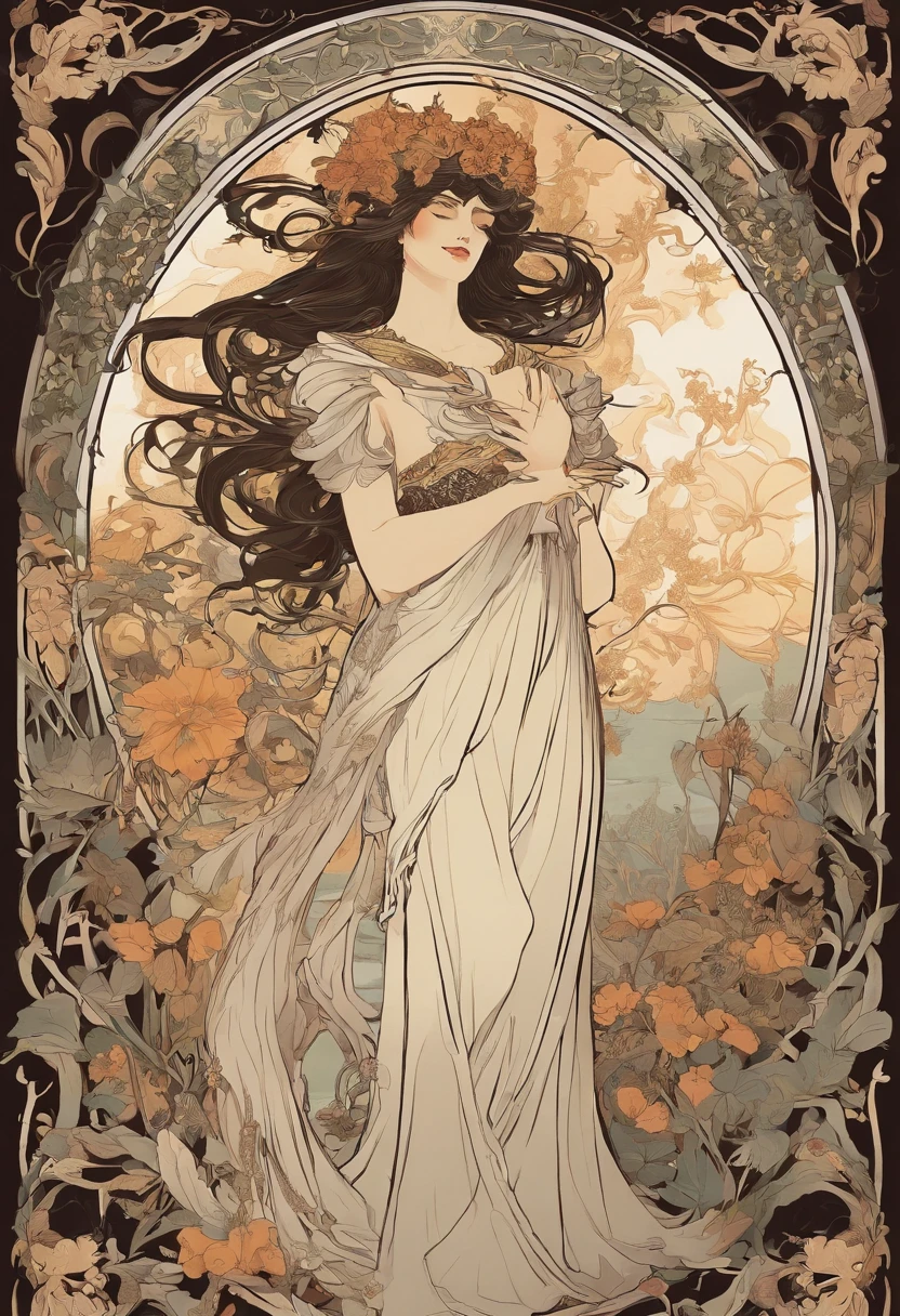 8k.Poster illustration in the style of Alphonse Mucha, mujer gotica, diosa de la muerte, pelo negro, piel palida, Pintura plana, Hermosa mujer occidental en vestido largo lila hasta los tobillos, Emmawatoso,sosteniendo un ramo de lirios blancos, ropa oscura, cuerpo completo como,Cuerpo delgado,descalzo,Modernismo, Plantas en el fondo, NFSW, Masutepiece, Alfonse Mucha, Detalles altos