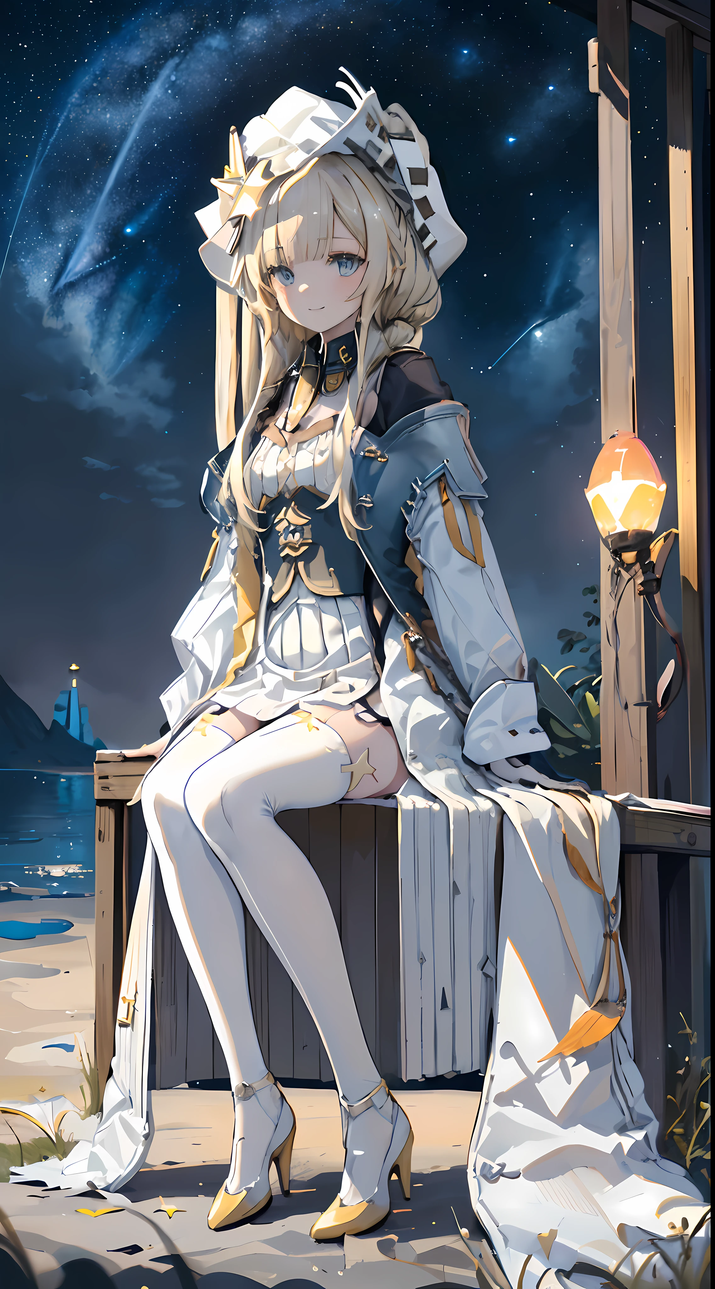 1girll,sandrone， Blonde hair, Light smile, Hat,(((Sitting))),(((Facial features of the Prairie Blade)))，((Solo girl)),(((white stockings)))，(((Light yellow high heels)))，((sea beach))，(((Spectacular night starry sky)))