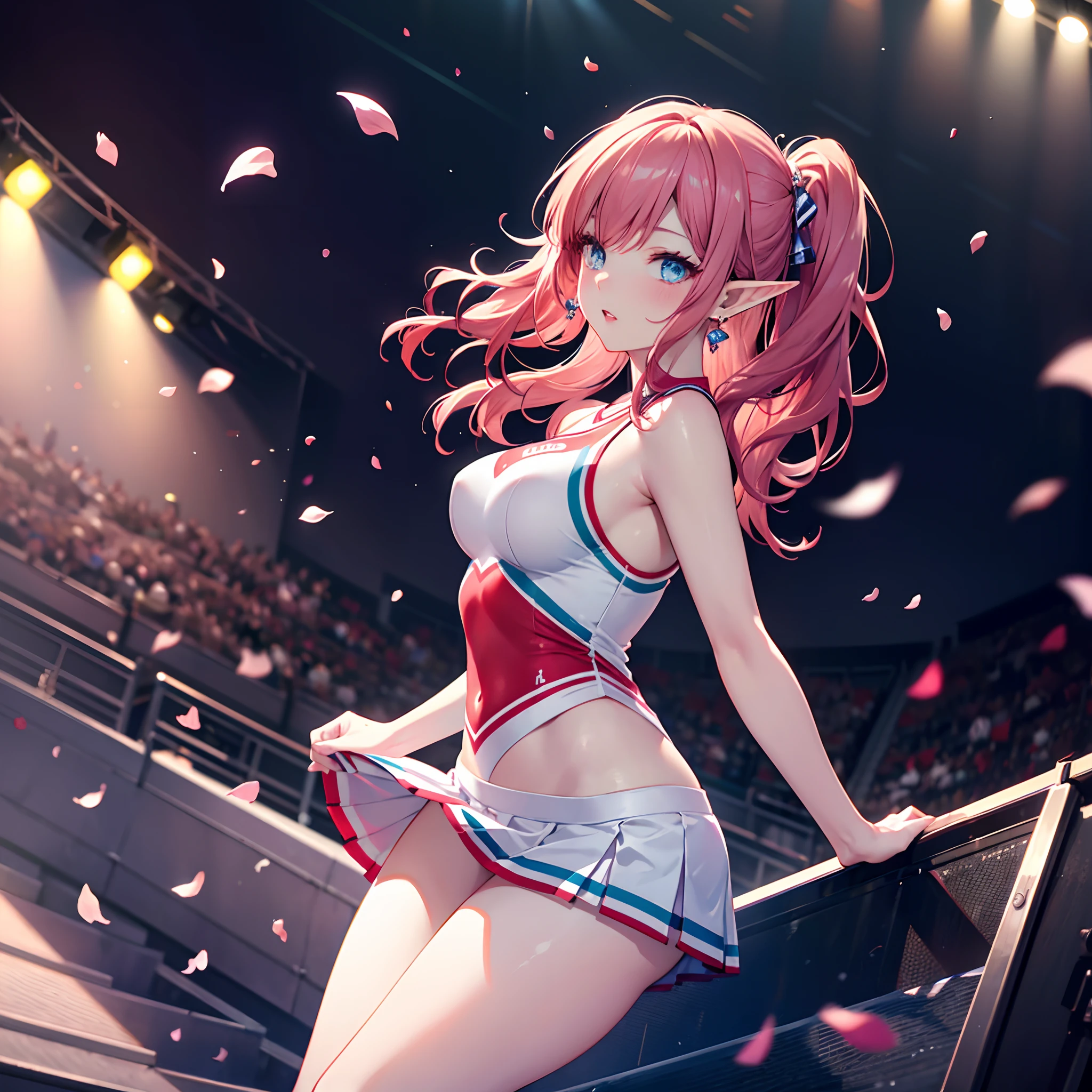 Realistic and detailed image of a female elf in a cheerleader uniform and miniskirt. She has long wavy pinkish red hair. Light blue eyes. She has earrings, long eyelashes. She has full lips, medium breasts, slim waist, very wide hips and thick thighs. view of buttocks. Back arched. She is singing on a stage in a stadium with flower petals around her.