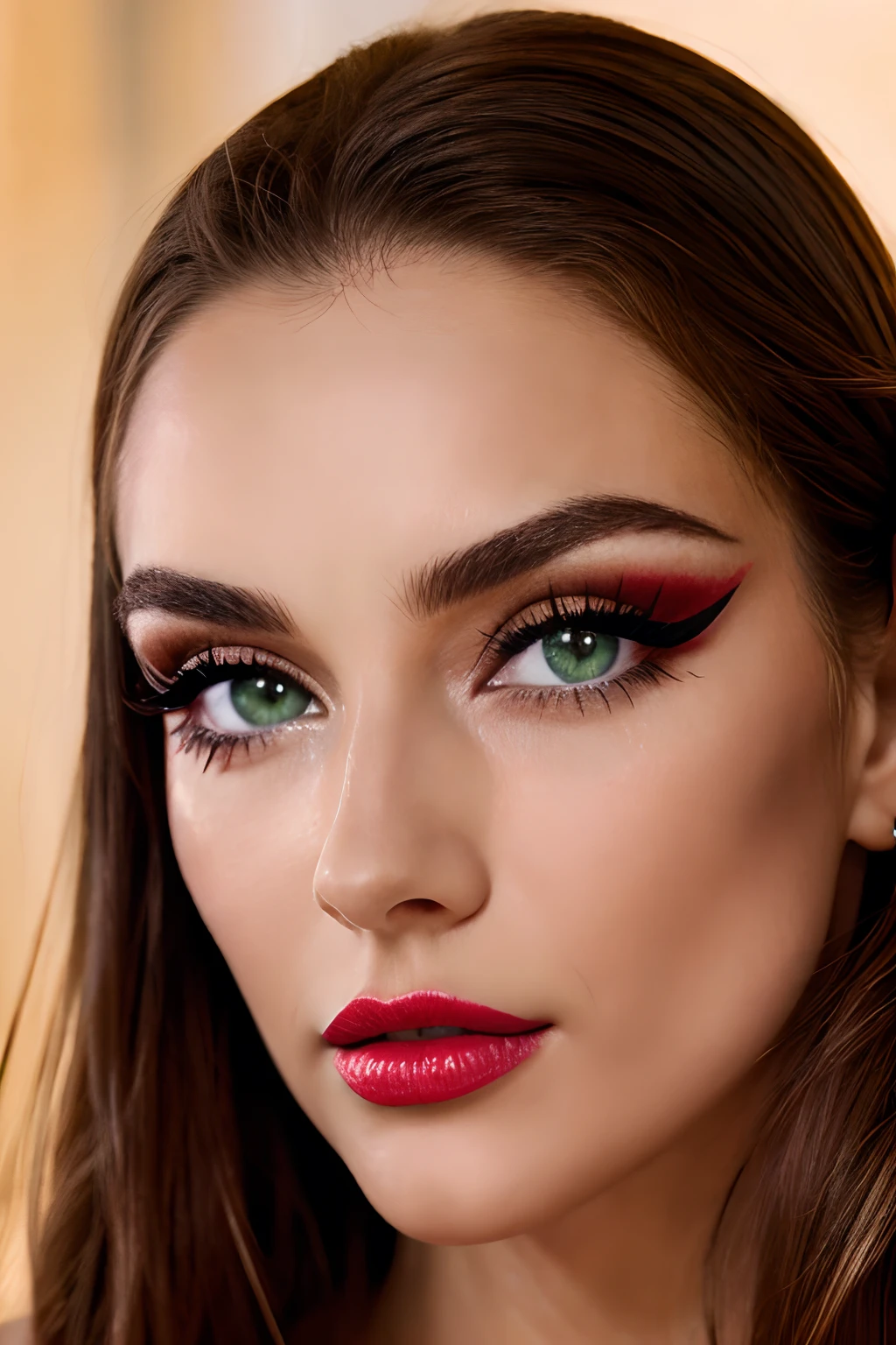 Dans cette image, We see a woman with long brown hair and bright red lipstick. Natural Emerald Green Eyes, son visage occupant la majeure partie du cadre. Her features are enhanced by skilfully applied make-up, incl. eyeliner, eyeshadow, mascara, & Lip Gloss. The focus is on her captivating eyes – framed by thick eyelashes and perfectly groomed eyebrows – that seem to stare directly at the viewer. Sa peau semble impeccable et lisse, adding to its overall beauty.