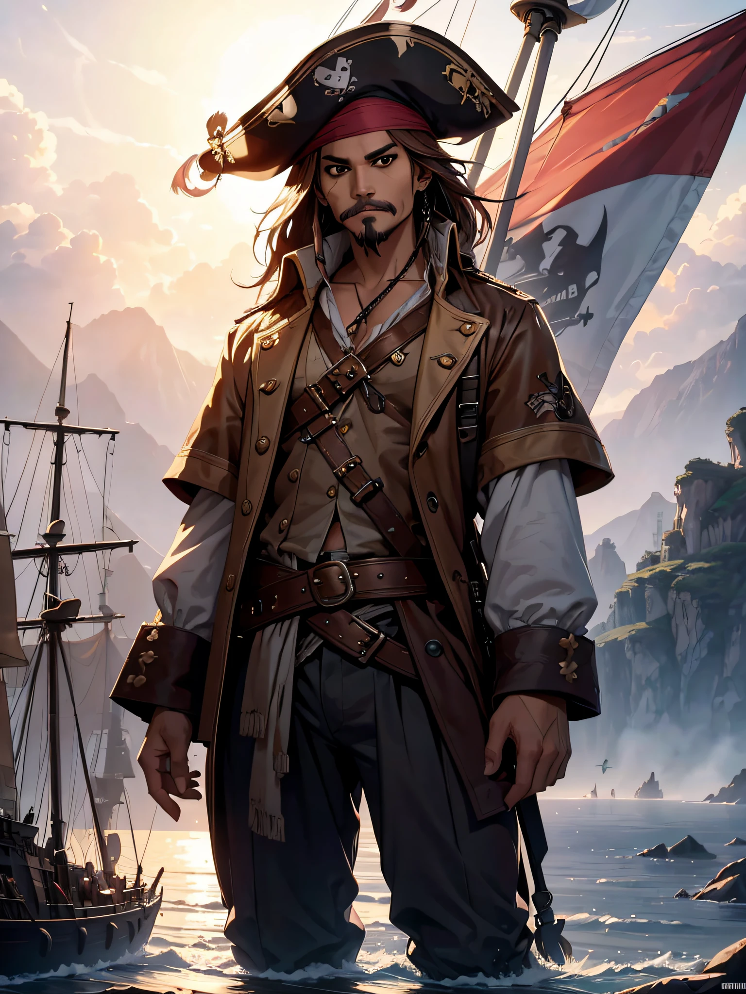 Jack Sparrow, standing at the end of his pirate ship, holding his mustache, smirking, pirate flag on mast, full body, {extremely detailed 8k CG unit wallpaper}, expansive landscape photography, (a centered view focusing on character and setting), (wide open field view), (high angle shot), (high light: 1.6), (low light: 1.6), (warm light source: 1.8), complex details, (iridescent colors: 1.5), (bright lighting), (atmospheric lighting), Dreamy, epic