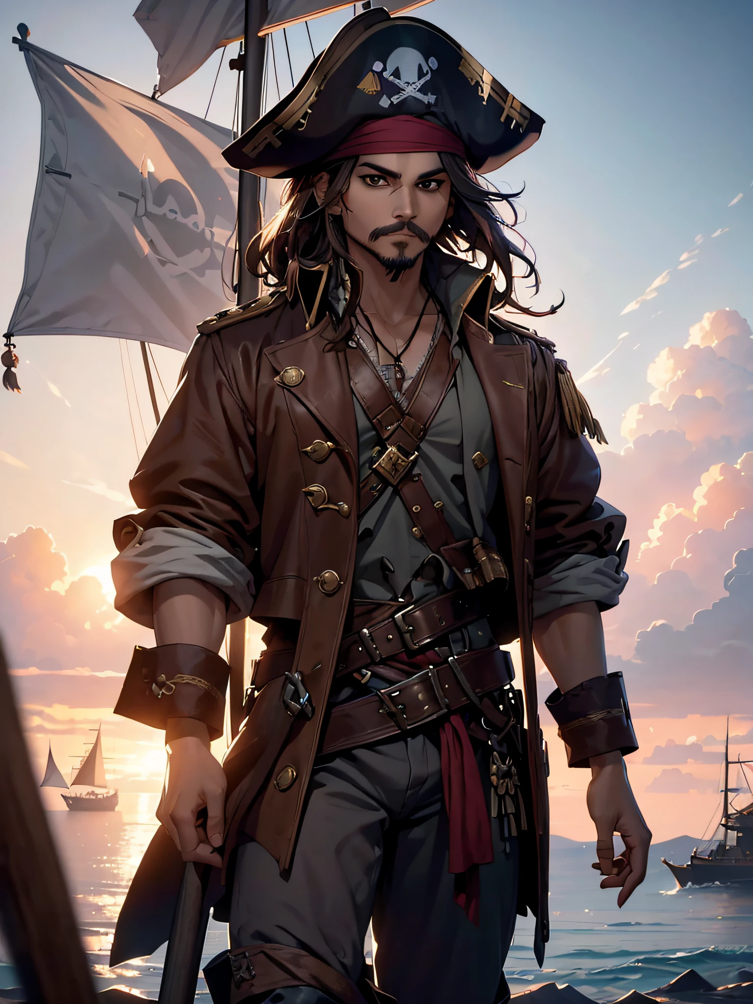 Jack Sparrow, standing at the end of his pirate ship, holding his mustache, smirking, pirate flag on mast, full body, {extremely detailed 8k CG unit wallpaper}, expansive landscape photography, (a centered view focusing on character and setting), (wide open field view), (high angle shot), (high light: 1.6), (low light: 1.6), (warm light source: 1.8), complex details, (iridescent colors: 1.5), (bright lighting), (atmospheric lighting), Dreamy, epic