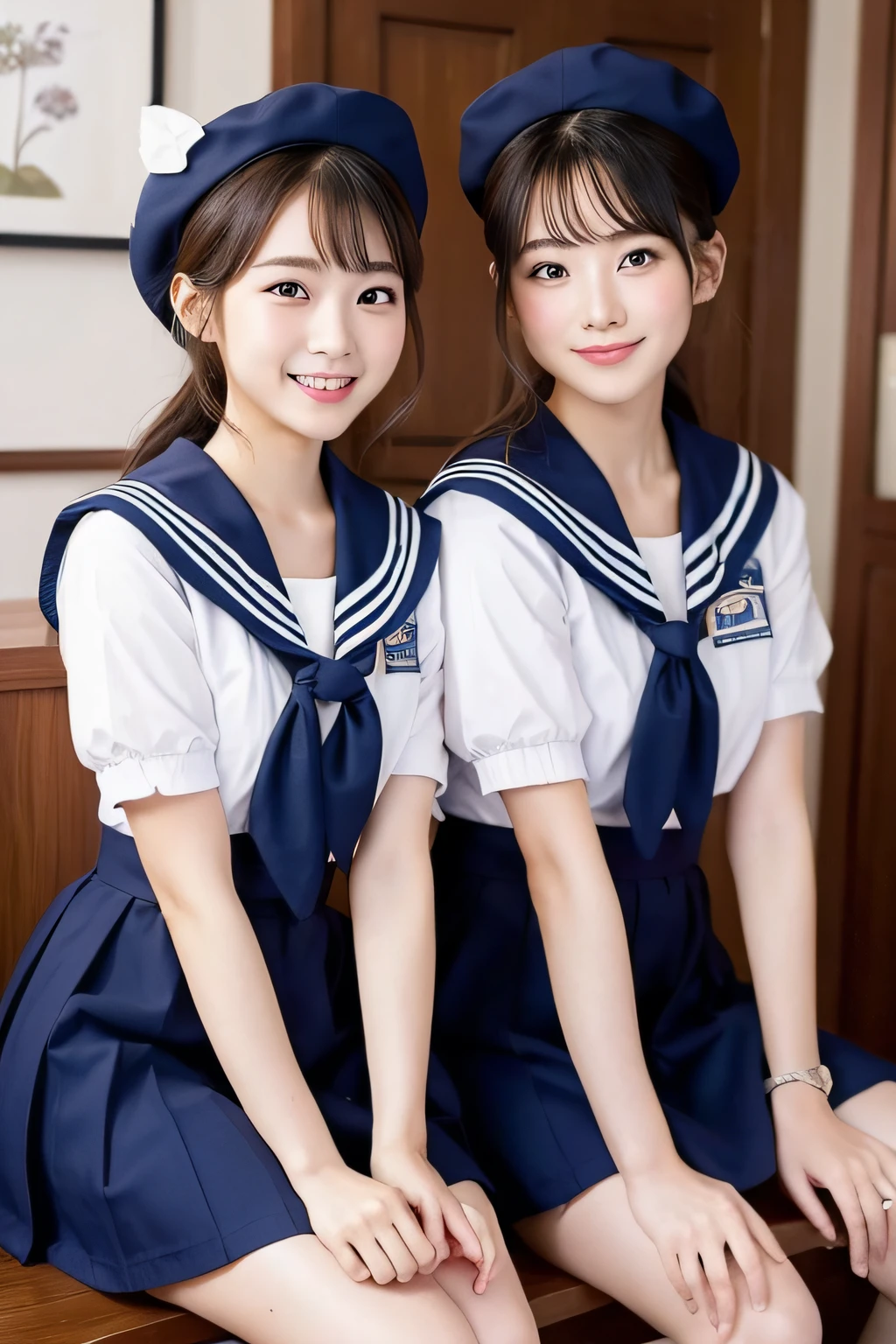 girls standing in school classroom,white sailor shirt over a navy blue one-piece school swimsuit with white trim,18-year-old,bangs,a little smiles,thighs,knees,crotch,low ponytail,from below