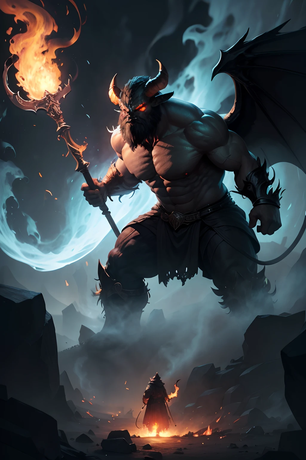 A Balrog's appearance is described as gigantic, with a human shape, but enveloped in black flames and smoke. They had wings and horns, as well as a fire whip that they could use as a weapon. They carried a large flaming axe, which was one of their characteristic weapons. Under the shadow and smoke that enveloped them, only their glowing eyes were visible.