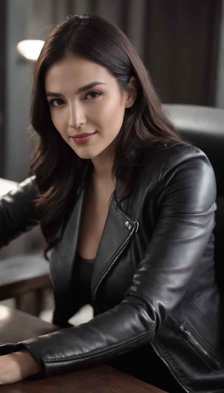 Wearing black leather gloves in both hands, upper body, black leather rider's jacket, facing the desk in the modern study in the dark, looking down, smiling, long, straight black hair, dayrin, (black leather gloves covering both hands) Sitting on a chair with the fingers of black leather gloves, working on the computer