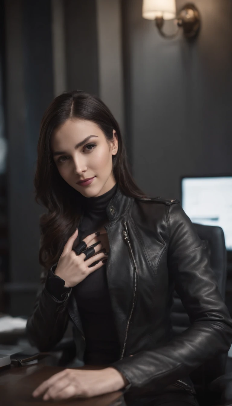 Wearing black leather gloves in both hands, upper body, black leather rider's jacket, facing the desk in the modern study in the dark, looking down, smiling, long, straight black hair, dayrin,  (black leather gloves covering both hands) Sitting on a chair with the fingers of black leather gloves, working on the computer