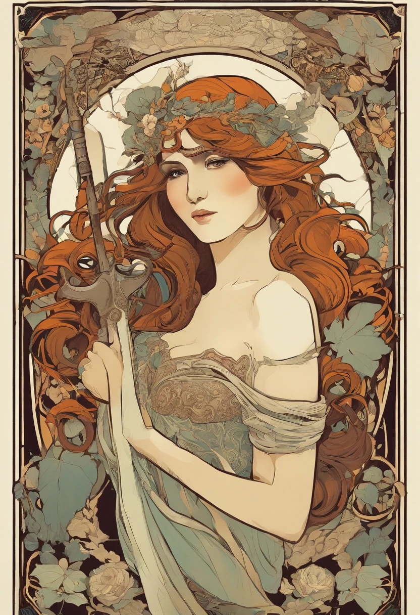 8k.Poster illustration in the style of Alphonse Mucha, mujer gotica, diosa de la muerte, pelo negro, piel palida, Pintura plana, mujer desnuda, Emmawatoso,holding a scythe, sin ropa, cuerpo completo como,Cuerpo delgado,descalzo,Modernismo, Plantas en el fondo, NFSW, Masutepiece, Alfonse Mucha, Detalles altos