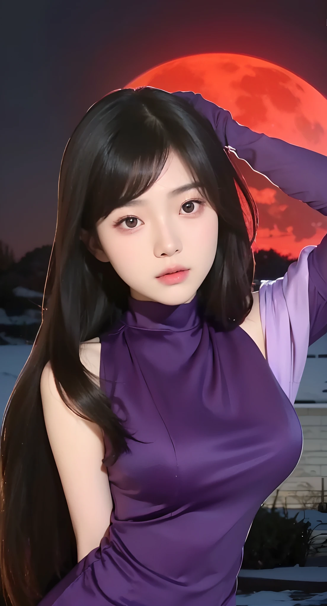 Real life adaption of this character, Korean teen beauty face, cute expression, looking to viewer,realistic same hair , realistic same outfit , realistic red moon background in field, hyper realistic, realistic light, realistic shadow, realism,(photorealistic:1.2), shinning red eyes
