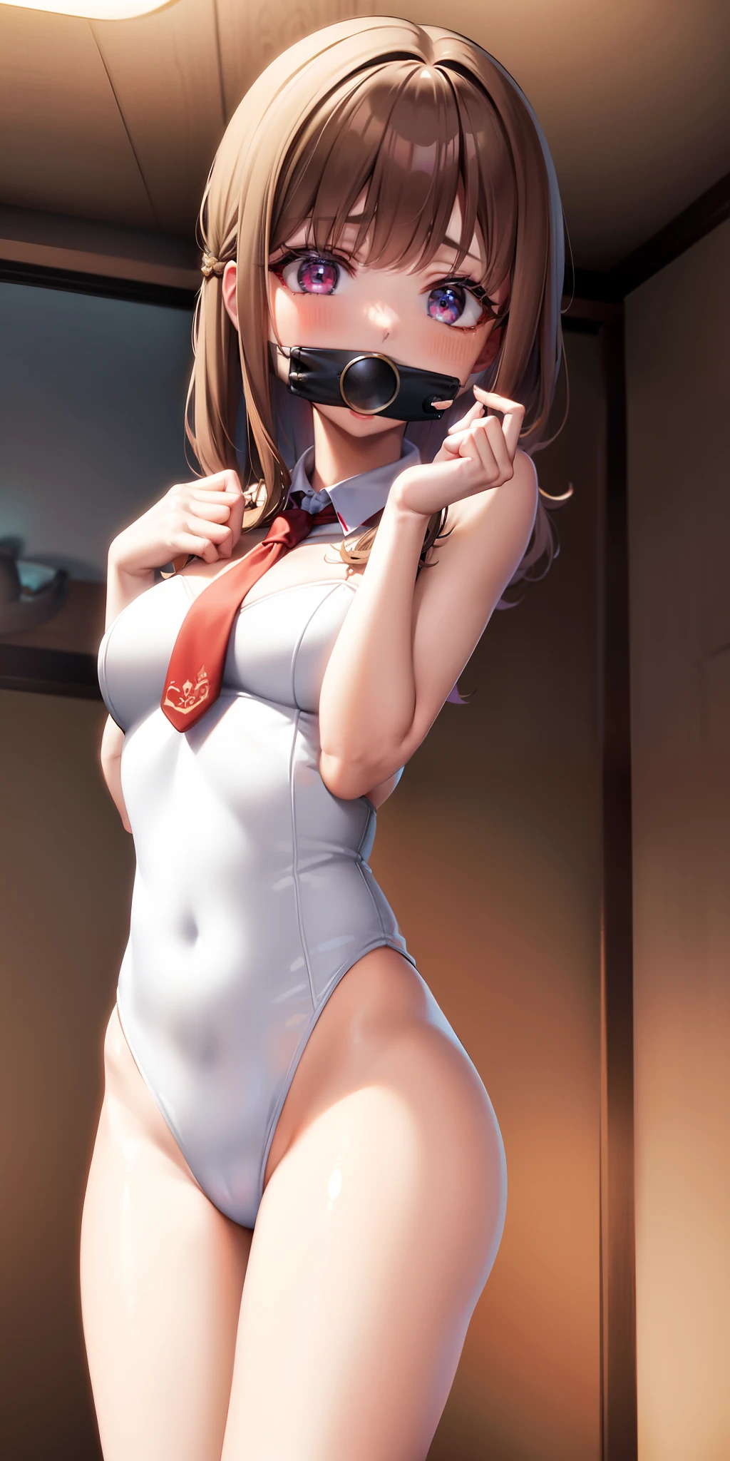 tmasterpiece, high qulity, best qualtiy, A high resolution, 4K, k hd, beautiful light up, very vey very detailed face, Well drawn hands, Well drawn legs, Well drawn feet, Well drawn eyes,1girll,KaedeDG, brown  hair, with brown eye, Open-vent openwork swimsuit,Red gauze dress,White top,Red tie,smallunderboob,Little ass,standing on your feet,is shy,wince，Plug gag， Gag plugs