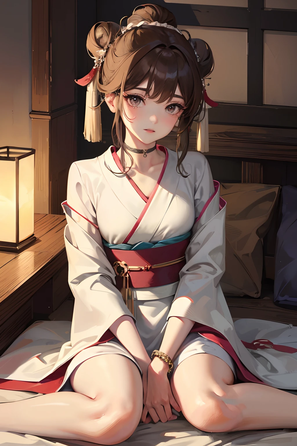 8K分辨率,Works of masters,超高分辨率,Exquisite facial features,s the perfect face,Girl,solo person,ssmile,long whitr hair,A brown-haired,Princess Roll,Bracelet,ear studs,eardrop,choker necklace,Bow hair ornament,feathers hair ornament,hair-bun,Hanfu,sitting sideways,窗帘,Beds,Cinematic lighting,Contour light
