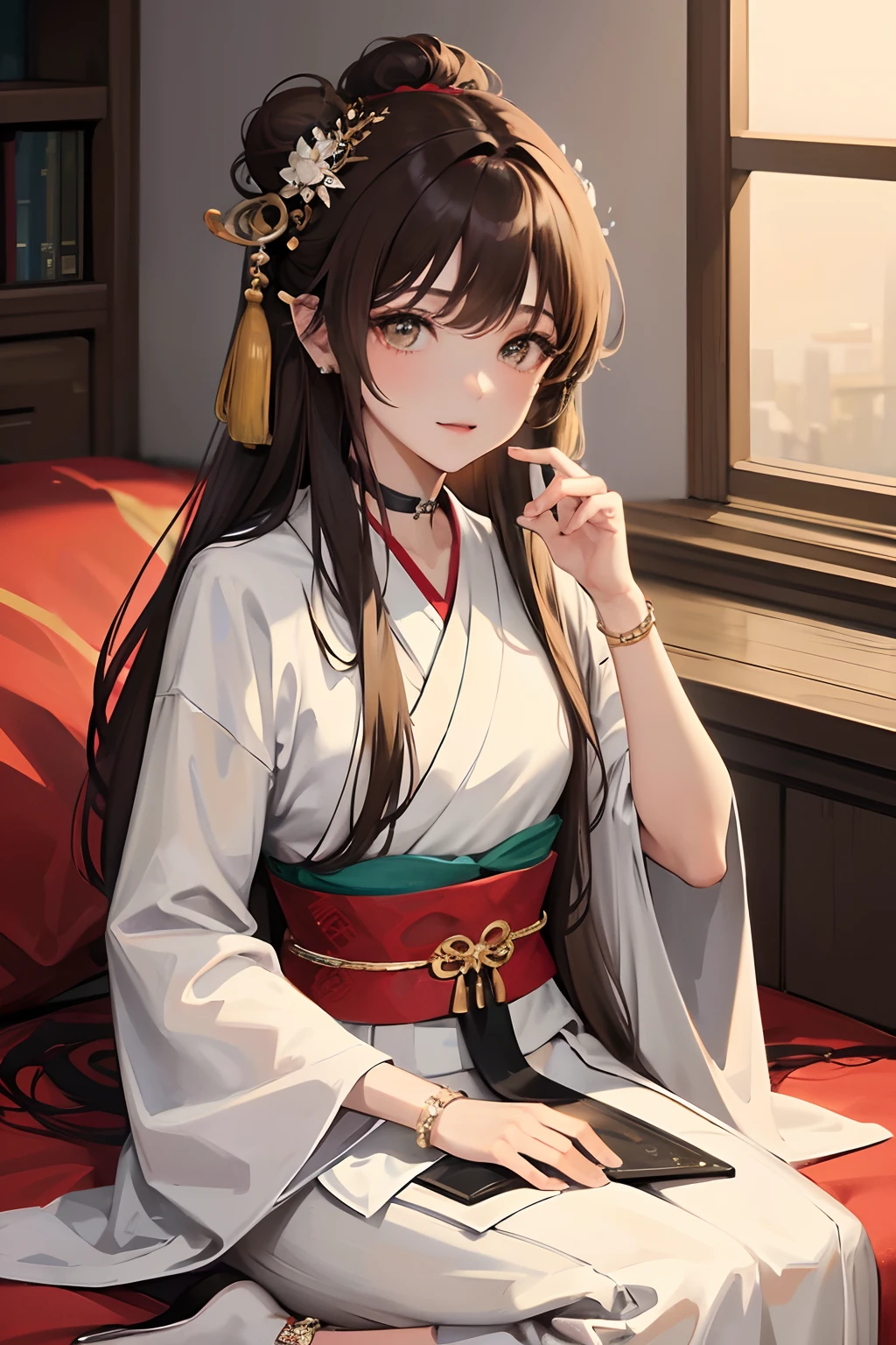8K分辨率，Works of masters，超高分辨率，Exquisite facial features，s the perfect face，Girl，solo person，ssmile，long whitr hair，A brown-haired，Princess Roll，Bracelet，ear studs，eardrop，choker necklace，Bow hair ornament，feathers hair ornament，hair-bun，Hanfu，sitting  sideways，窗帘，Beds，Cinematic lighting，Contour light