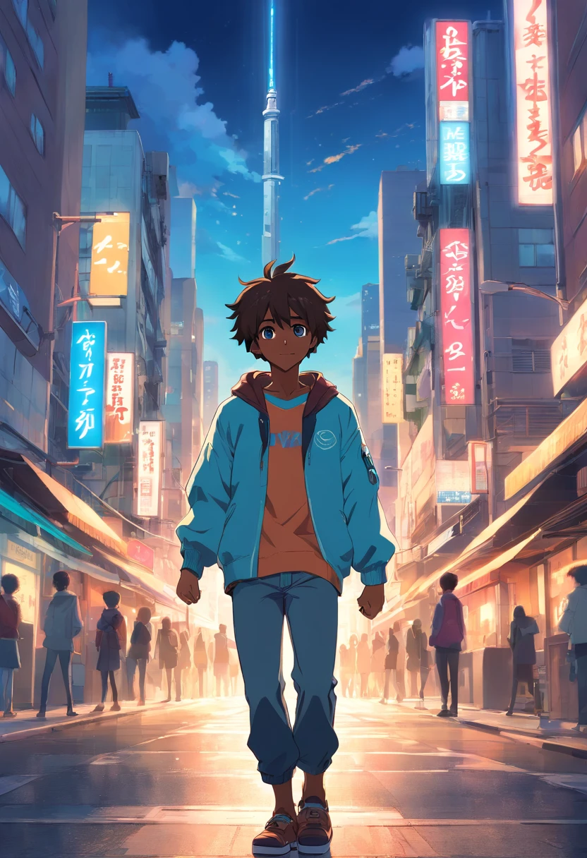 A black boy, transformed into an anime style, with exaggerated unique facial features and clothing, light blue eyes and dark curly hair, standing on a bustling city street, sword on his back, backlit background highlighting the subject, high-contrast colors, 4K high-definition quality,young, smiling, handsome, attacking wolves