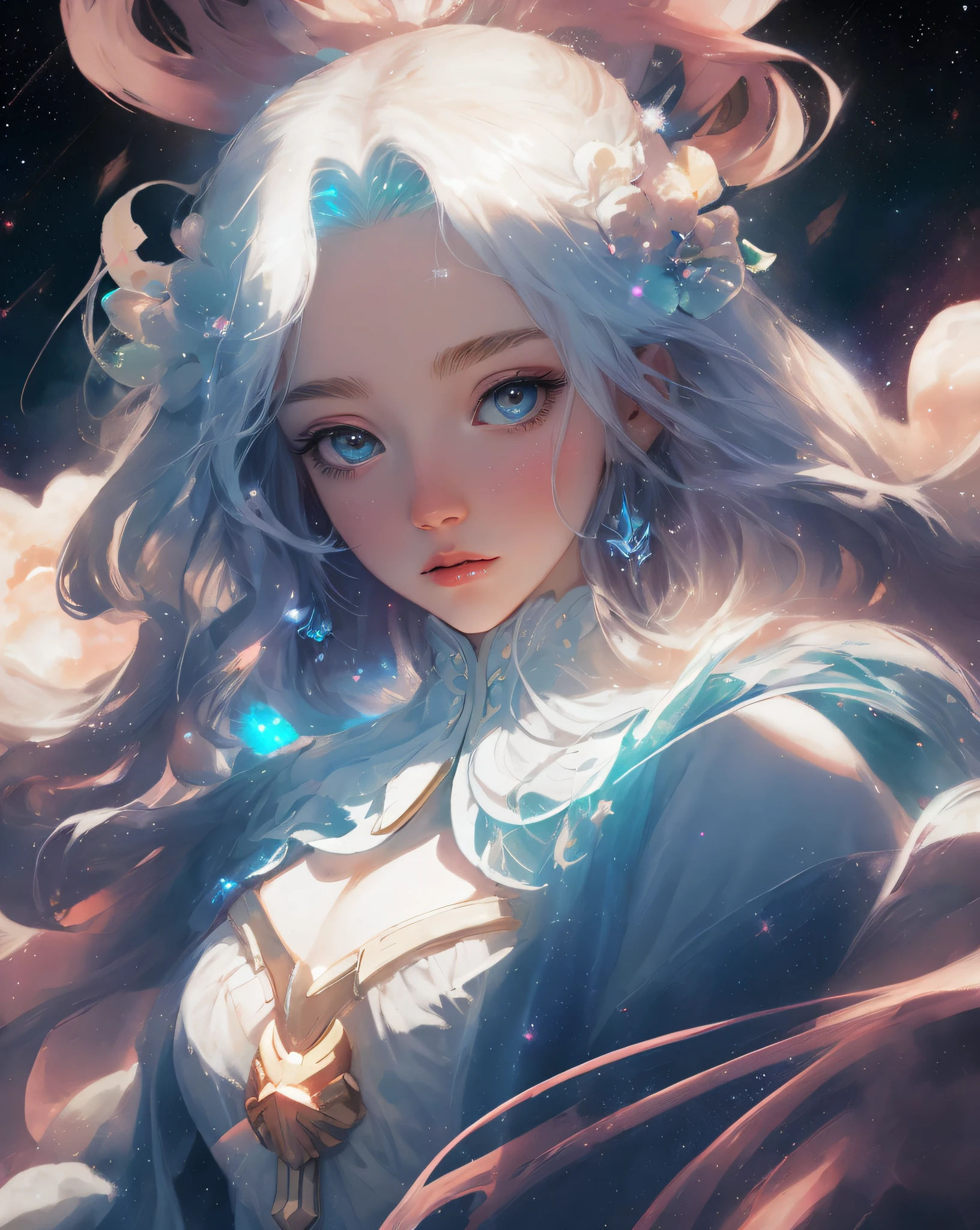 celestial goddess, floating, clouds,galaxy,nebula,big white flowers in hair
