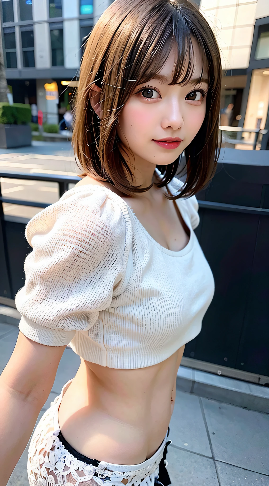 (8K, Raw photo:1.2),Detailed face and eyes,Best Quality, 超A high resolution, Highly detailed ,intricate detailes ,masutepiece ,Cute Girl , Soft cinematic light, Hyper-detailing,Sharp Focus, High quality,a blond, bob cuts, a miniskirt, Lace panties are visible, frombelow, NSFW, s ass