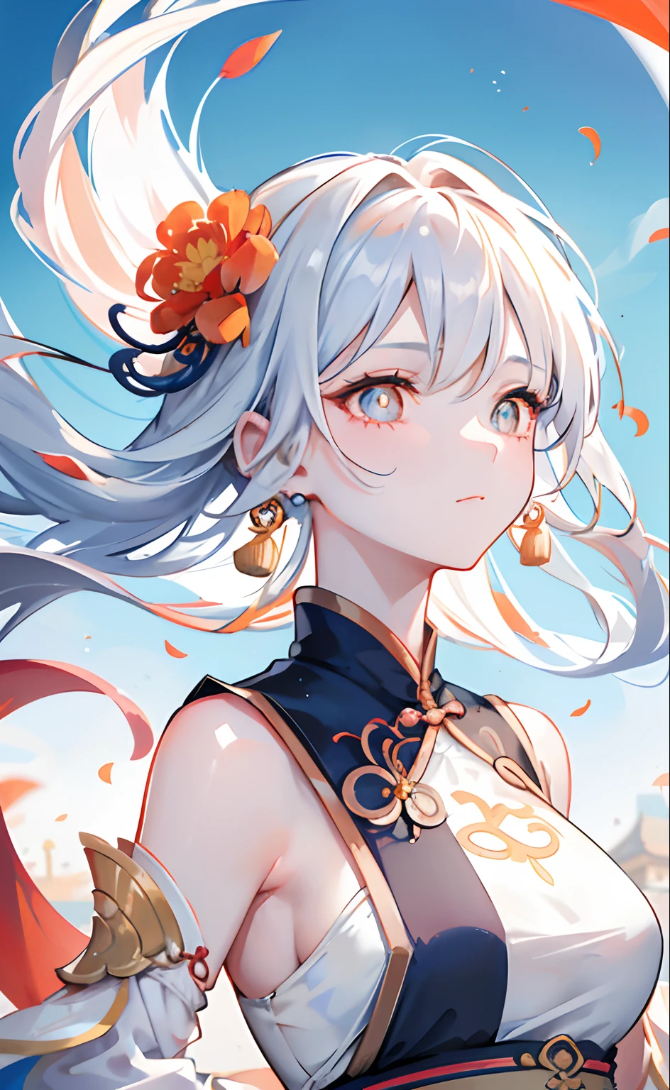 Mature girl, orange pupils, blue-white hair color, floating hair, delicate and flexible eyes, intricate damask Hanfu, gorgeous accessories, wearing pearl earrings, fov, f/1.8, masterpiece, ancient Chinese architecture, blue sky, flower petals flying, front portrait shot, Chang'e, side light, sunlight shining on people, 8K