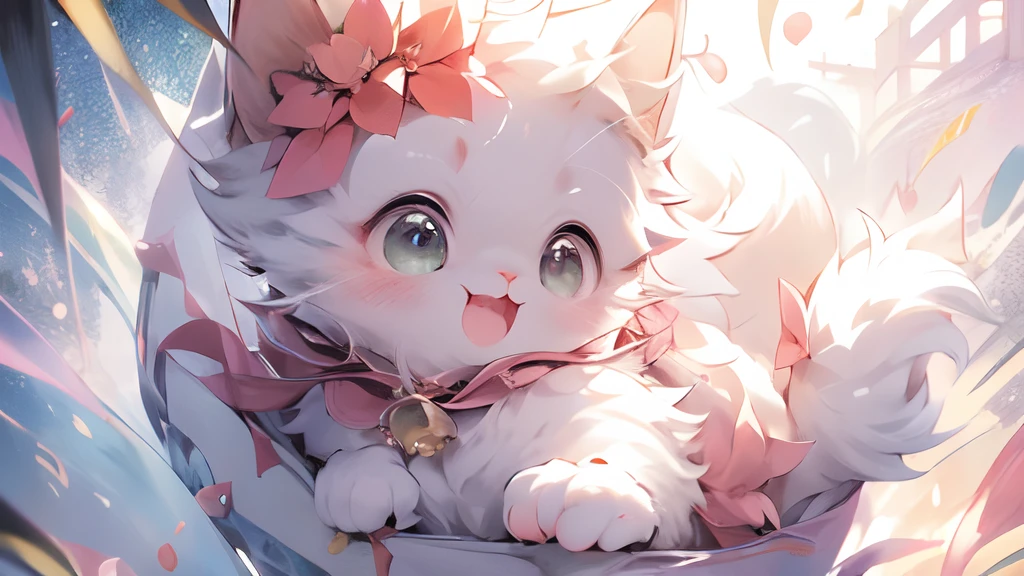 (masutepiece:1.2, High quality),Cat, absurderes, hight resolution, ultra-detailliert, catss, White cat、kawaii、pink dress、accessorized、kirakira、pink there、frilld、Christmas、Winters、yuki、Christmas tree、present、With background