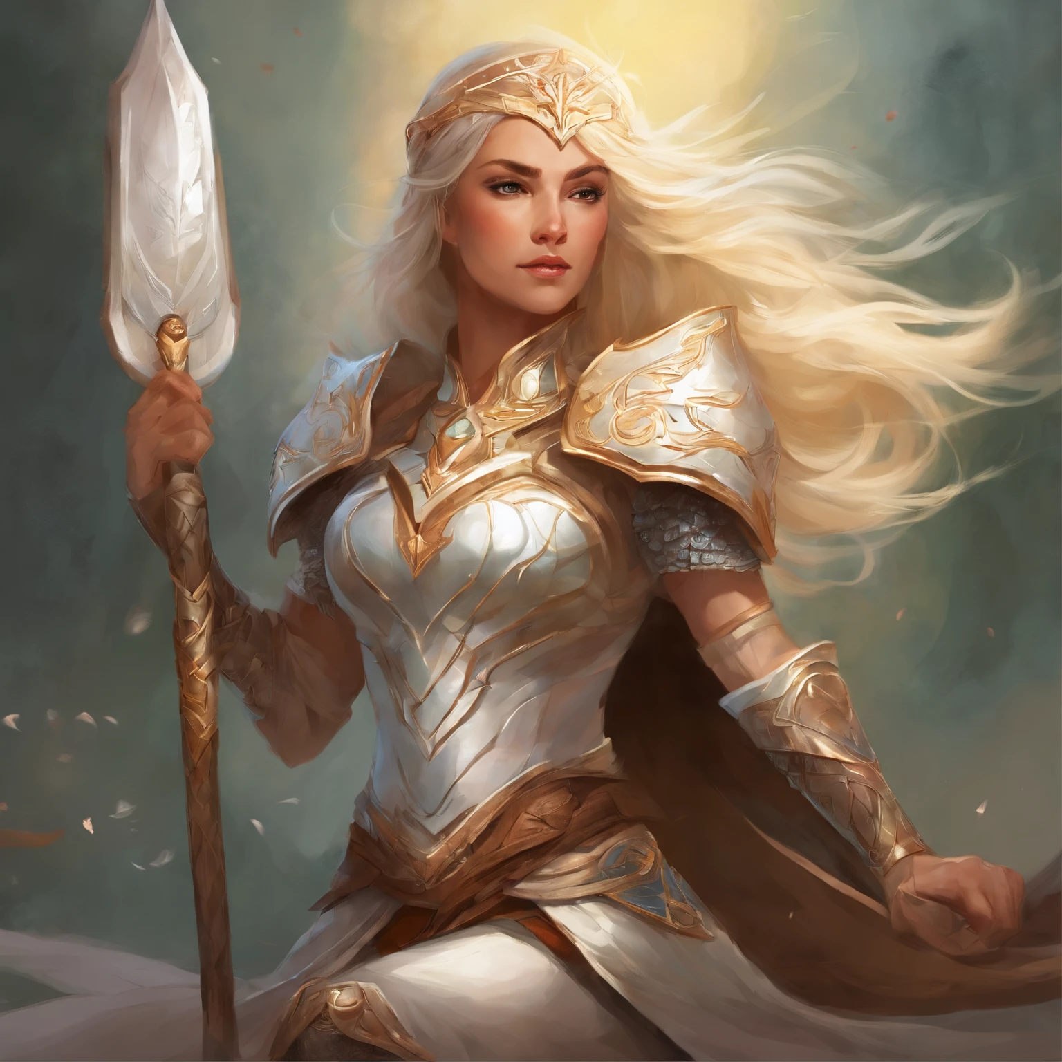 (A detailed illustration),(Anatomically amazing body),(Combat stance),(Beautiful elven woman with white long hair),Long bangs, Black eyes, large tits, Wearing a white chef hat on top of her head, Wear under armor,(Please wear a coat),(Wearing armor pants),Wearing chest armor, Wearing armor with a long skirt, Please wear foot armor and armor pants, Holding a long metal spatula in her right hand, Holding a large rectangular shield that looks like a cookie sheet in left hand, Combat stance, Eyes that resist grief, Sublime soul, Strong will, background is a battlefield, Wearing a necklace with circular brown pendant, there is light shining down and around her