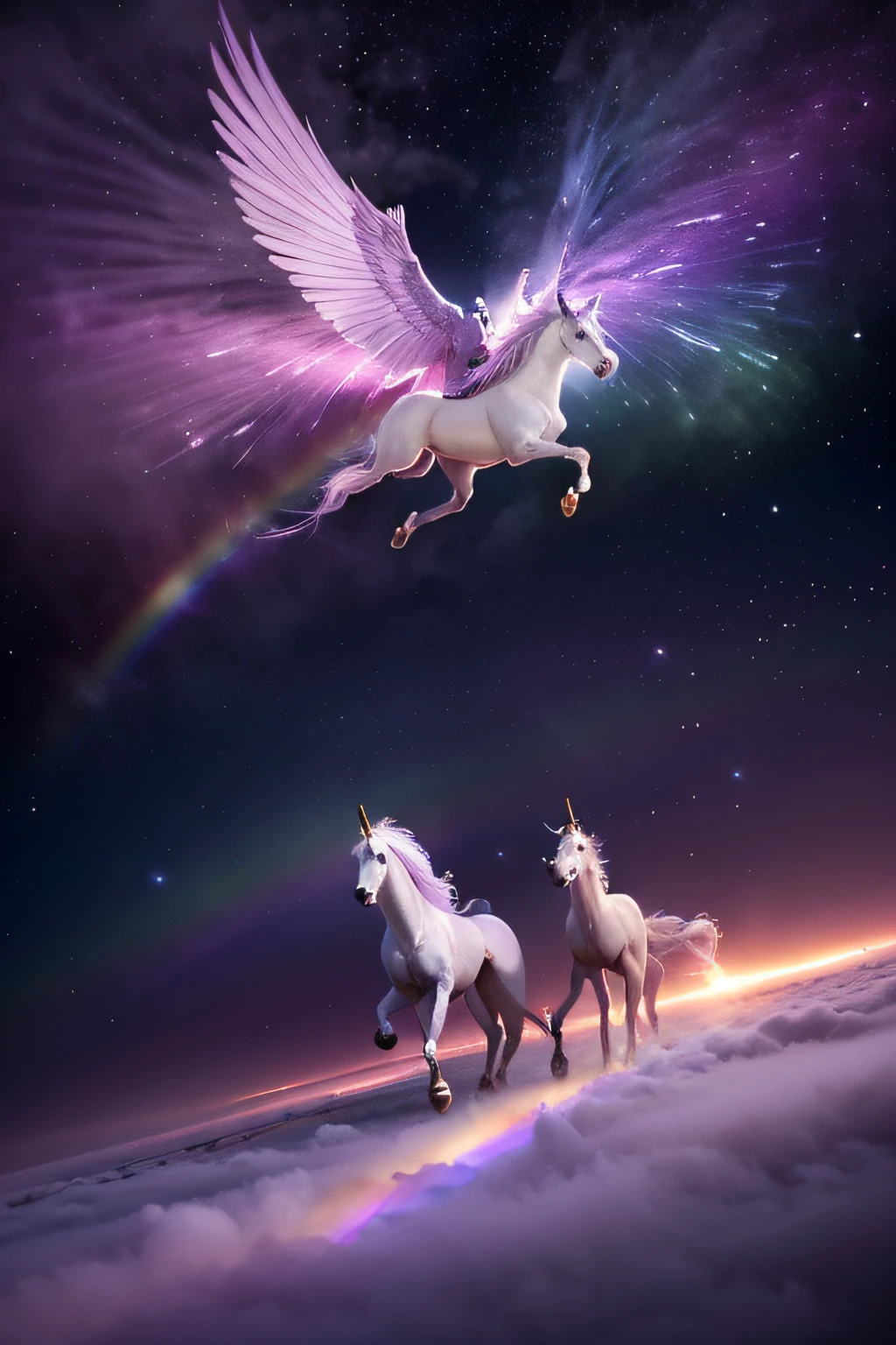 Draw two winged pegasus in a purple sky, unicorns, ethereal rainbows, Rainbow reflections, Pegasus, In a mysterious scene, unicorn, Magical and mysterious, heaven on earth, author:Caroline Chariot-Dayez, Cindy Wright, glitters. fantasy, beautiful dreamy breathtaking, Ethereal aurora spirit, beautiful fantasy, magic fantasy highly detailed