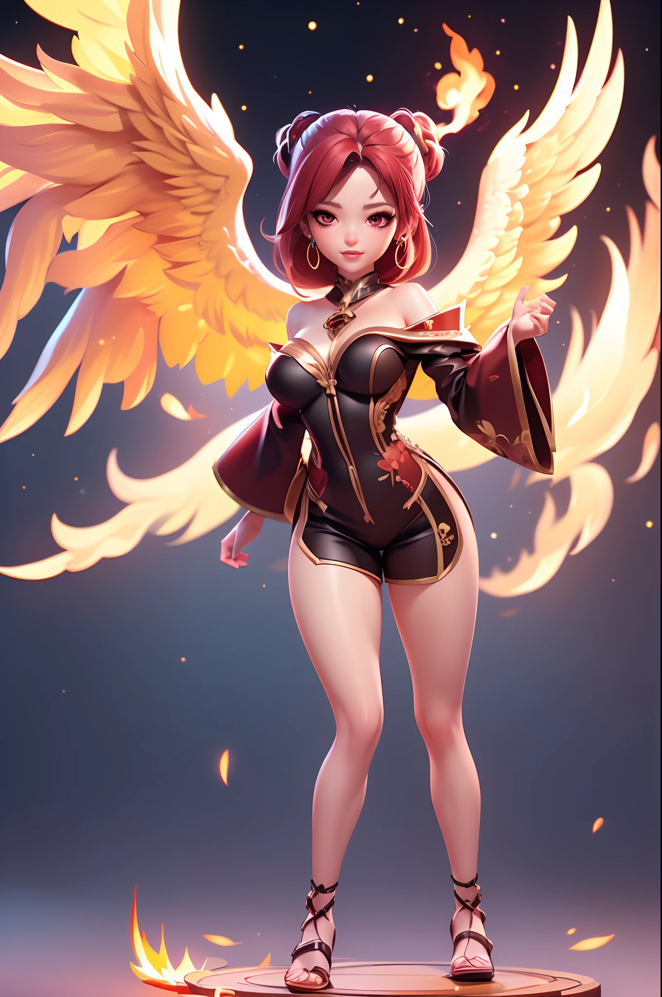 3dcharacter,(full body:1.2),simple background, masterpiece,best quality,(light cream gradient background:1.1) ,nahida, genshin impack(fullmoon)(moonlight)(stars)(wearing a red hanfu)(girl like ma xiao tao)(there are a big red flame phoenix wings was burn into flame grow up on her both shoulder)
