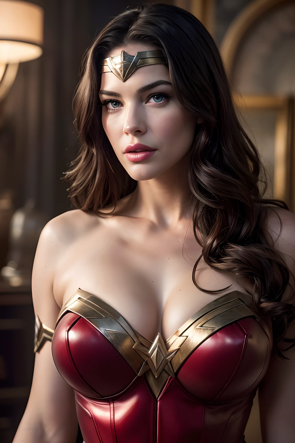 (best quality,4k,8k,highres,masterpiece:1.2),ultra-detailed,photorealistic,beautiful detailed eyes and face,sexy detailed lips,Liv Tyler in Wonder Woman costume,stunning,hyper-realistic