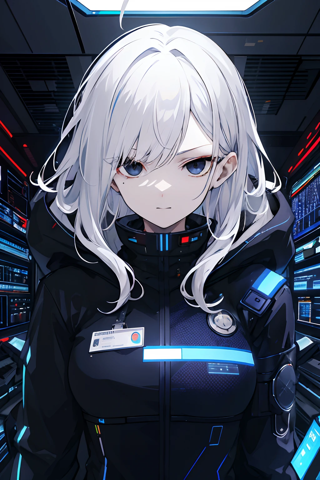 (absurdres, highres, ultra detailed), 1woman, mature female, aged up, wavy long hair, white hair, black eyes, bangs, long sleeves, finely detailed eyes and detailed face, extremely detailed CG unity 8k wallpaper, intricate details, portrait, looking at viewer, solo, (full body:0.6), detailed background, detailed face, (matrix theme:1.1) evil high-tech futuristic hacker,  advanced technology, hoodie, techwear, wearable device, keycard, cables, head-up display, blue (holographic display:1.05), access granted,   cybersecurity, server room in background, orange lights,  dark sinister atmosphere, , portrait, wind swirling