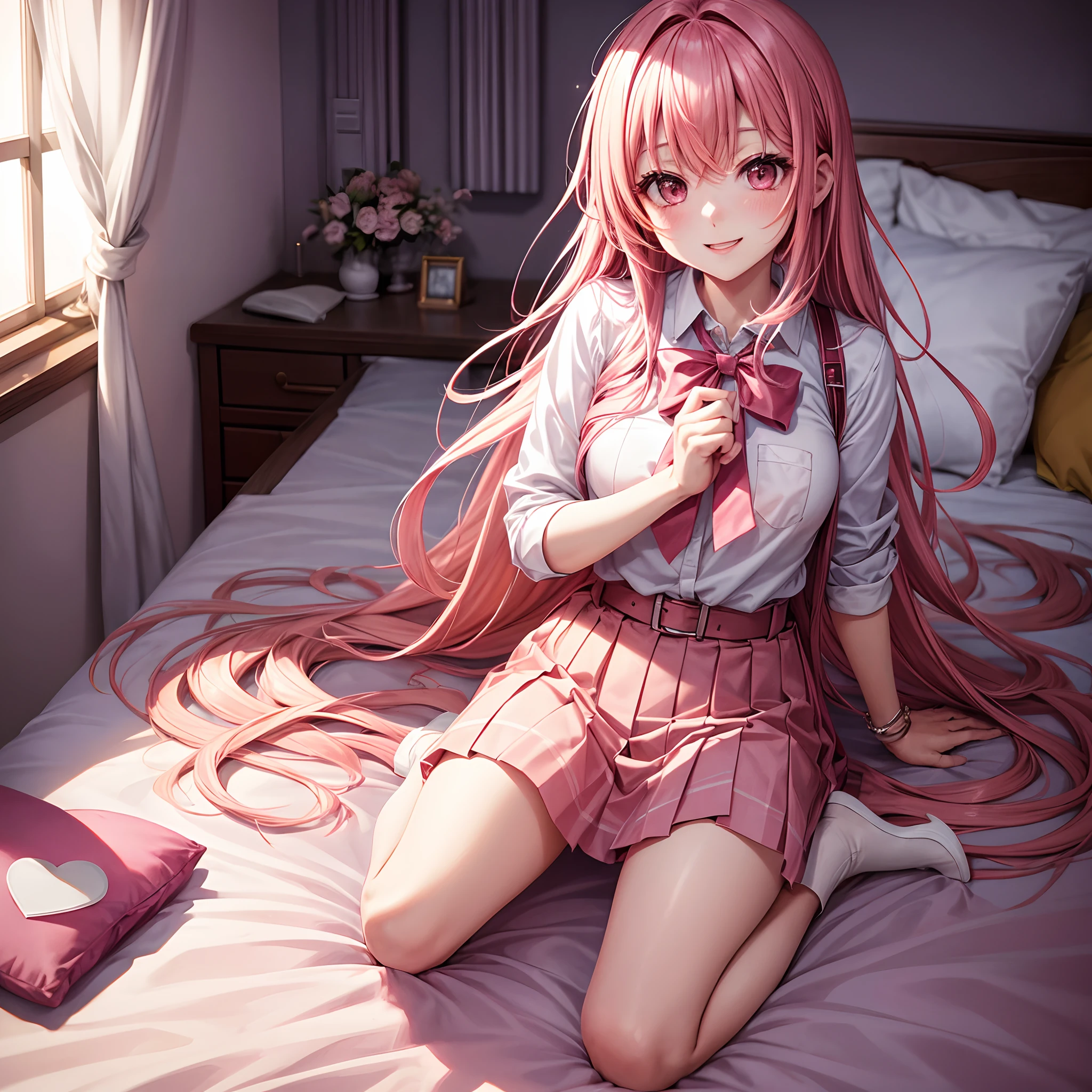 beautiful illustration、top-quality、Cute little girl s、bedroom、A pink-haired、length hair、(((Pink pleated skirt)))、(((pink sailor suit)))、shortsleeves、huge tit、a navel、Flipping up the skirt with your hands、Show white panties、Pull up your skirt and show your panties、bare-legged、blue eyess、on the beds、lovely thighs、glowing thigh