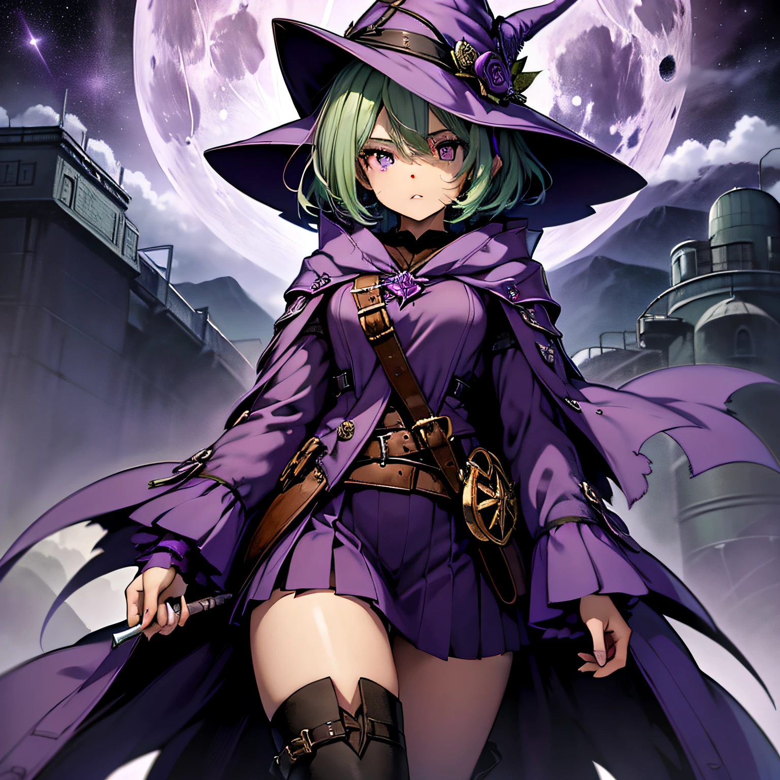 top-quality、extremely delicate and beautiful、(A teenage girl)、Purple Eye、Green hair、short-haired、(purple witch hat)、Purple tie、Soio、shortsleeves、Purple skirt、Purple Wizard Robe、Navel、is standing、Facing the front、Expression of hatred、Full moon night on background、Only eyes