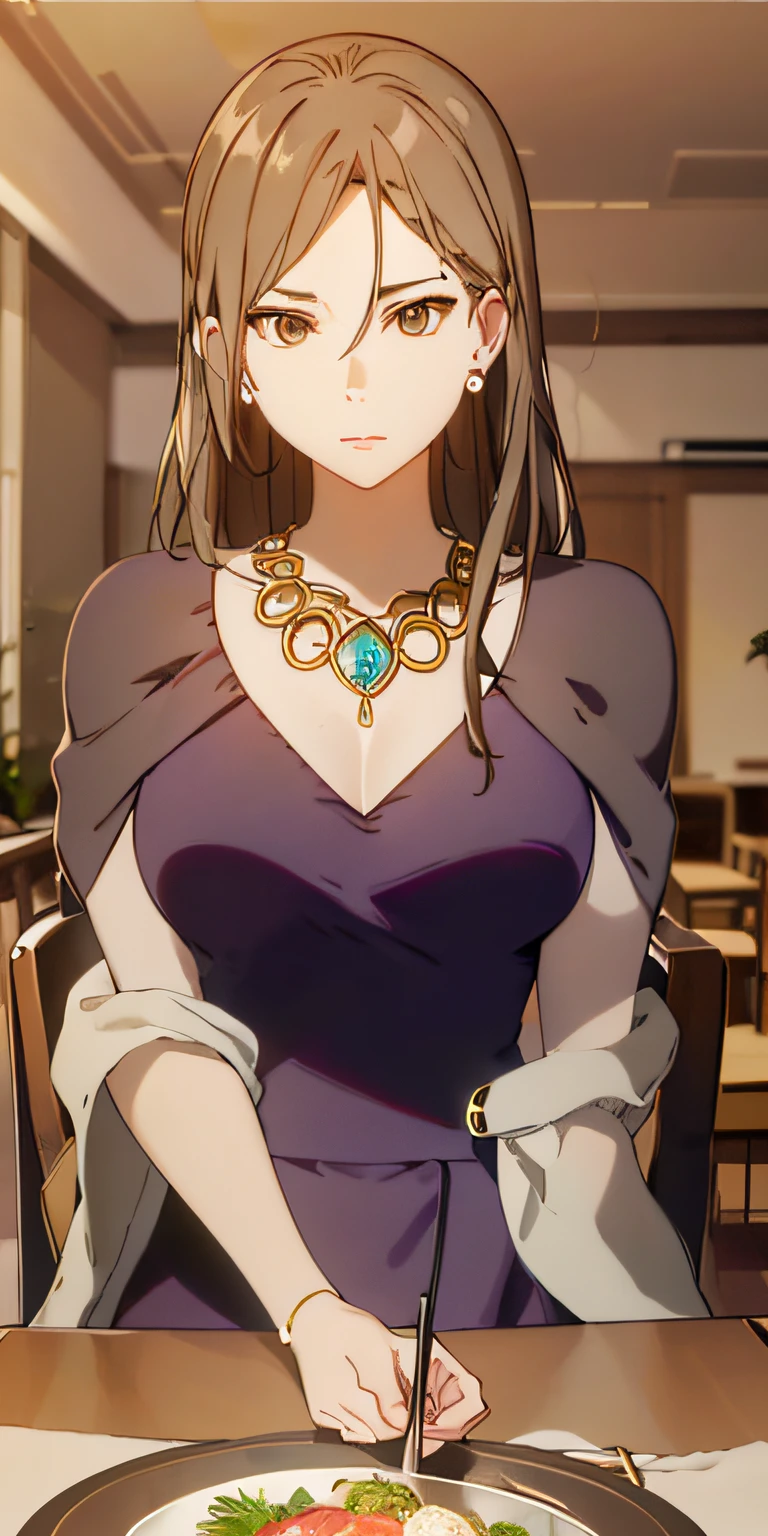 (Masterpiece:1.2, Best quality), (fine detailed beautiful eyes: 1.2), solofocus,   (Extremely detailed Cg Unity 8K wallpaper, Masterpiece, Best quality, Ultra-detailed, Best shadow), (Detailed background), (Beautiful detailed face, Beautiful detailed eyes),  1girll, Shizuzo Ninomiya,Sitting ,  Brown eyes,  Long hair, Sweater, Pants,      jewelry, Earrings,  plate, angle of view, pov across table, Fork,  Food on the table, High date contrast, Beautiful sexy woman, Adult, (Best illumination, An extremely delicate and beautiful),(simple backround, Indoors, Date, dining room,frontage ), view the viewer,beautiful detailed glow,