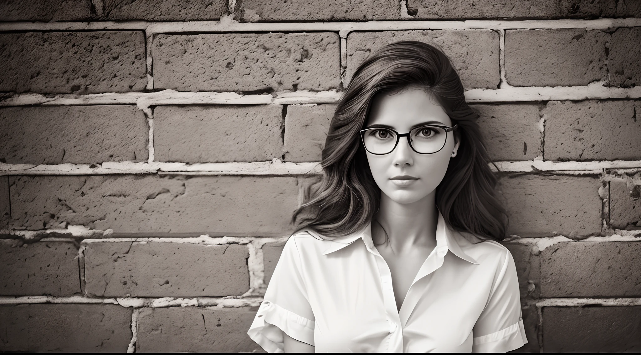 Realistic vintage 80s photo on monochrome film; Modern Young Woman 38 Years Old, round face, Big shiny brown eyes, eyeglasses, parted sensual lips, Serious, Long brown thick tousled hair;, White loose-fitting silk shirt with unbuttoned top button; Grey jeans, bare footed, A sarcastic look at the camera; Sitting on the floor against a brick wall, full - body, natural light; Monochrome image