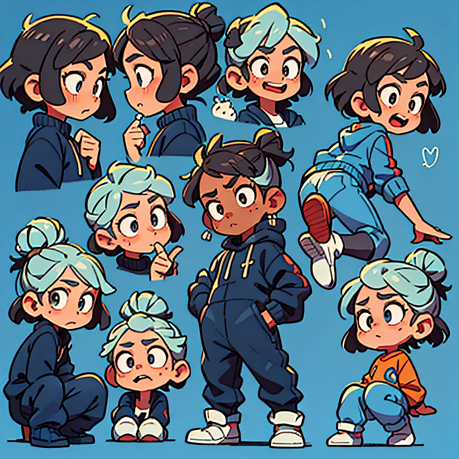 un autocollant，Cute boy\（Libido boy\），Fond blanc simple，cute cartoon，cheveux courts roses，9，9 emojis，9 poses et expressions，Style Pixar，Different emotions，Different Expressions，8k comique, doux, illustration, Vibrant colors, Personnages ludiques, Poses dynamiques, detailed background, expressions faciales expressives, bulles, Lines of action, comics style, Lignes douces, Humorous Narrative, Whimsical Tone Young Boy Character, poses et expressions multiples, pose et expression de course, style d'illustration de livre pour enfants, simple, mignon, -yeld boen couleur, chaussures noires, Moroccan clothes with cheese pants underneath, Closed blue hair
Flat color - no outline