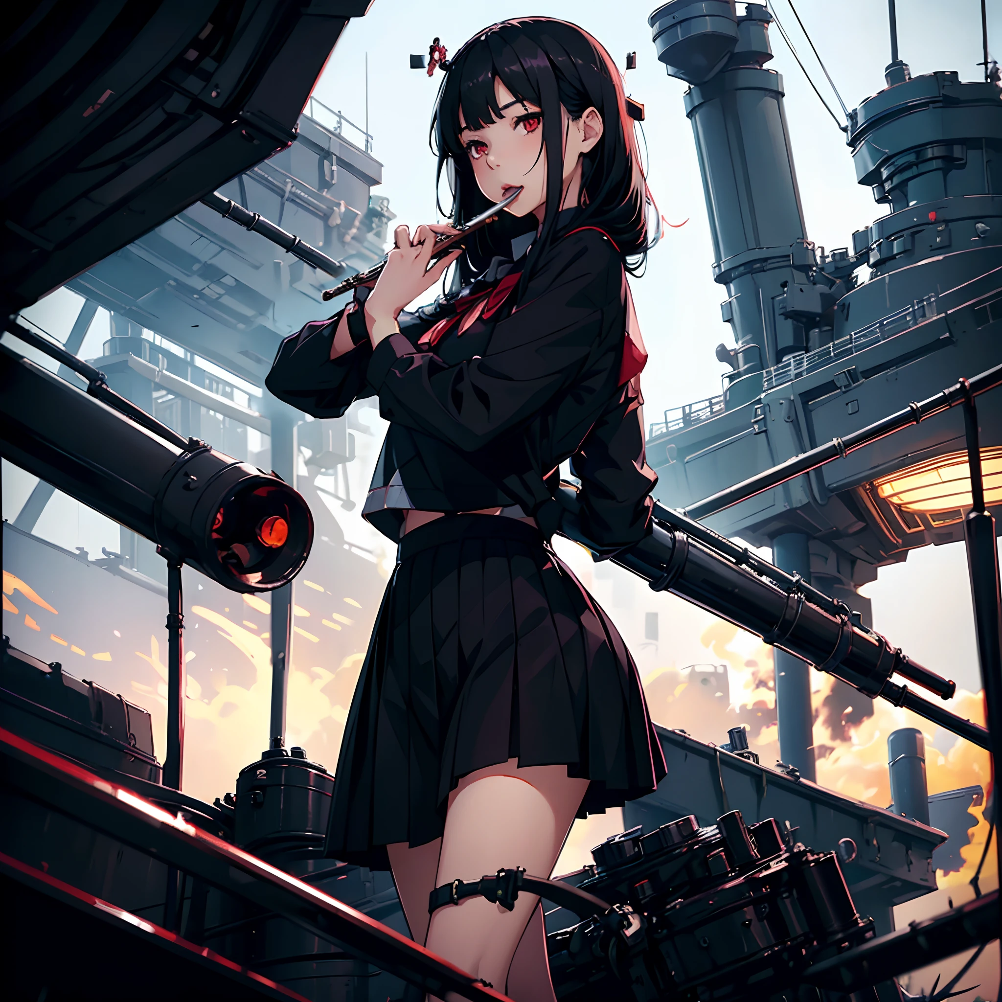 Girl in black Japan uniform. She has long black hair. She has her bangs trimmed. She has red eyes. She plays the flute. flute. She puts a whistle to her mouth. Turrets lined up behind. Mechanical weapons. Girl in arms.