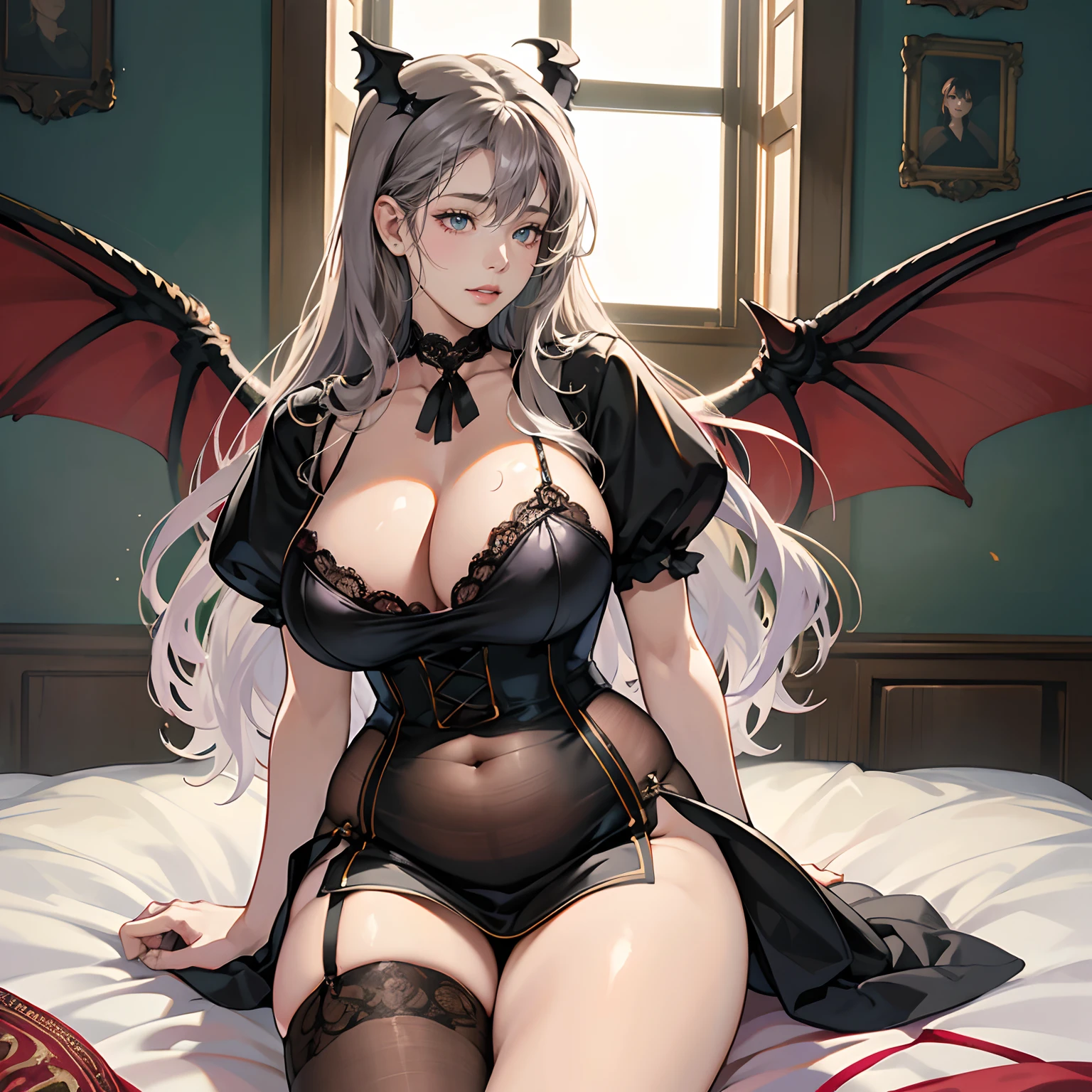 Women in Their 20s, 2 females:2.0、nestle、Silvery hair、A dark-haired、Hugging the waist:1.5、Fantasia、offcial art, unity 8k wall paper, ultra-detailliert, beautifly、Aesthetic, masterpiece, top-quality, Photorealsitic、length hair、dishevled hair、Braids、Staring at this:2.0、depth of fields, Fantastic atmosphere, Calm palette, tranquil mood, Soft shading、bbw、plump figure、Huge breasts、huge udder、Soft udder、Big dragon wings on the back:1.5、Black wings、Big black wings:1.5、Succubus scalpel、Dream Devil、Succubus seducing nakedness、plump figure、I can almost see my、Sagging udder、Look at us with charming eyes、Glass with glowing liquid、big bed、You can see the night view from the large window:1.5、starrysky、Black lace underwear、Black collar、Black stockings、Black garter belt