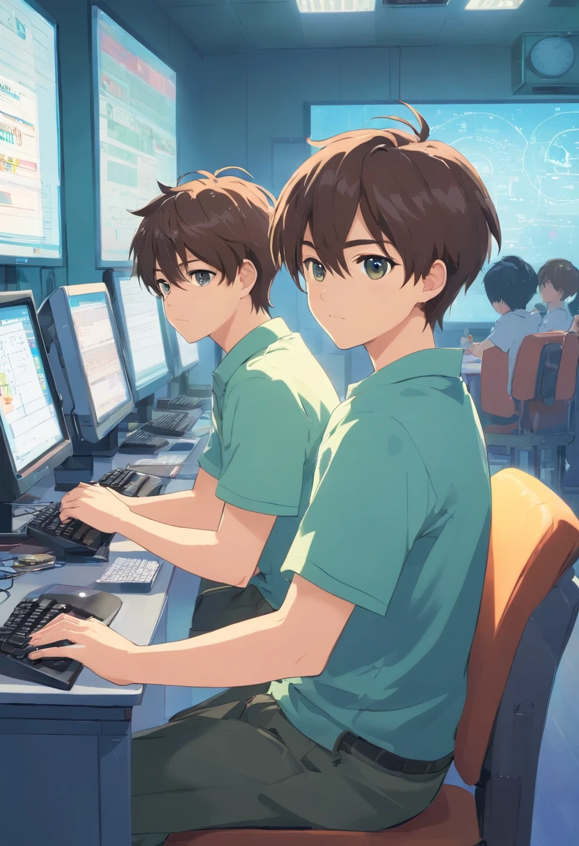 Club Activities High School Two Littlewith Short Hair and Short Sleeves Computer Programming Campus Activity Room Computer Club Happy