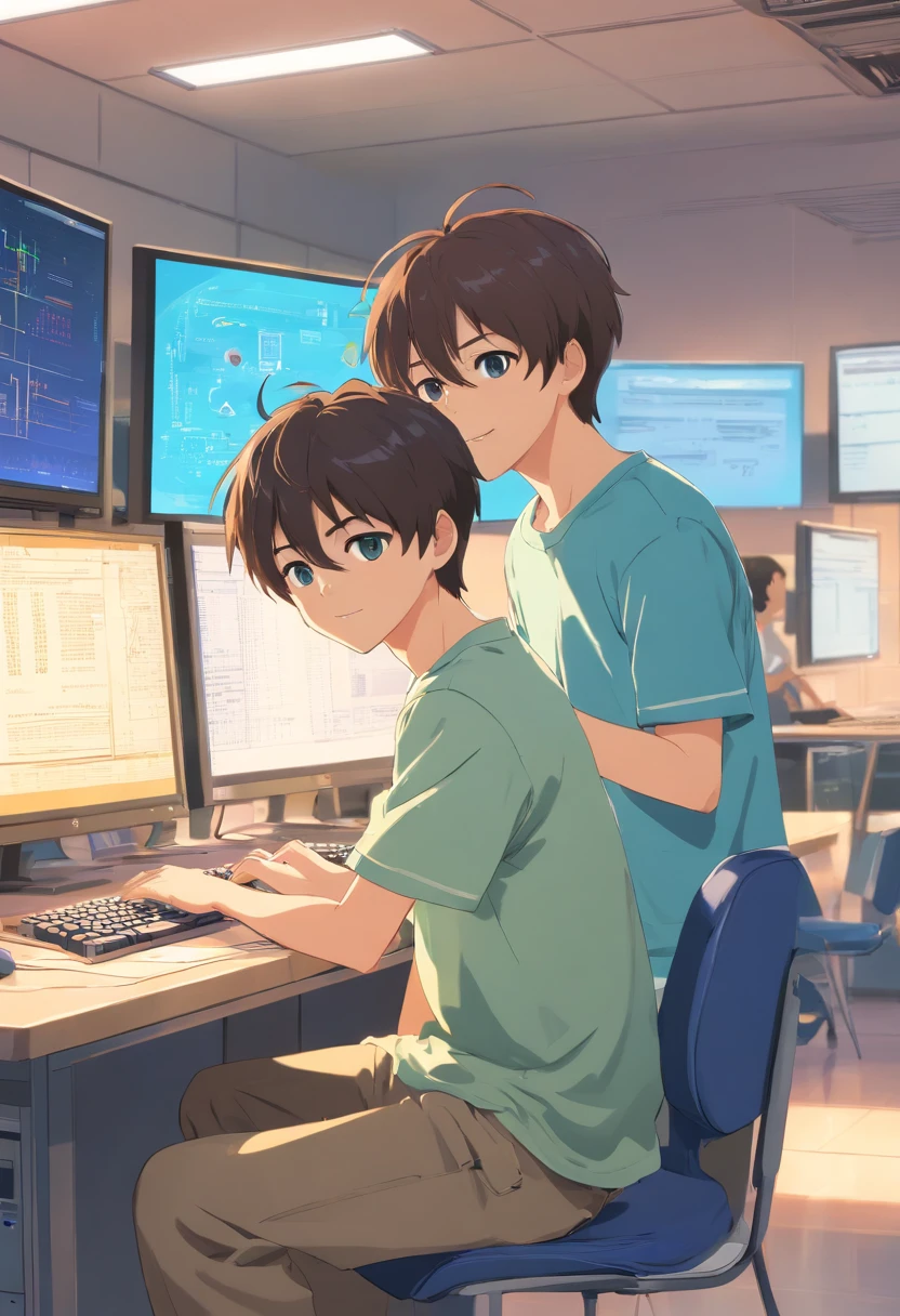 Club Activities Junior High School Two s with Short Hair and Short Sleeves Computer Programming Campus Activity Room Computer Club Happy