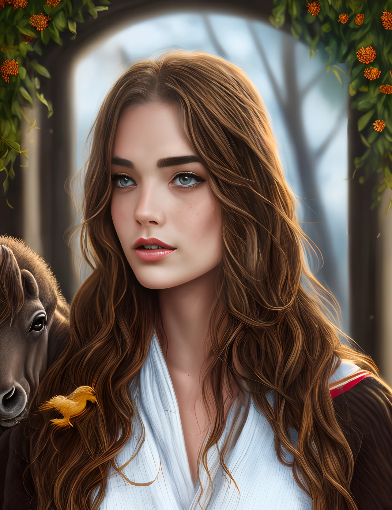 create a realistic digital drawing in Samdoesarts style of a brown haired brown eyed female with freckles, Hufflepuff, hugging a hippogriff, character in a cottage core environment
