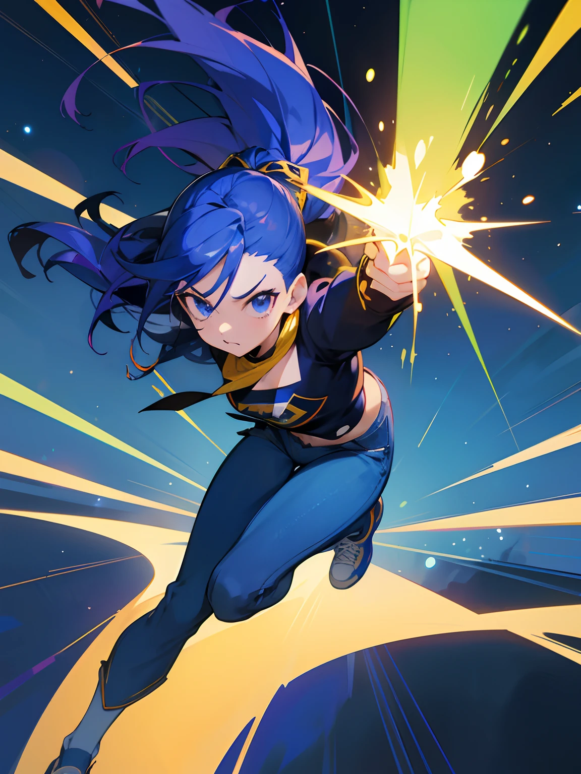 (title: painel "The clumsy superheroine" 1:   superheroine, Chamar "Desastroilda", Flying through the night sky against a lamppost, causing an explosion and leaving the street completely dark, Roupa jeans azul claro, camiseta preta lisa, white allstar sneakers, capa cor de mostarda, Easy expression of fright ) verde e roso cabelo undercut azul, olhos grande estilo manga anime, aplicar: Main Reason Golden Point in the Eye, modelo base SD 1.5, White Flat Persona Coloring, arte perfil Yoshihiro Togashi (profundidade da tela)  (Easy expression of fright)