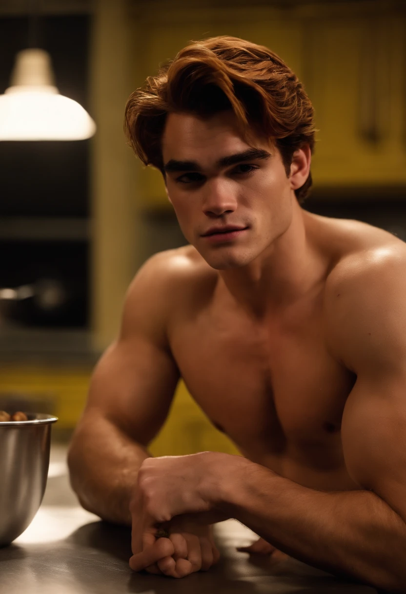KJ Apa, RIVERDALE, Sexy, hot, sweaty, abs, apple in mouth, biting down on an apple, shirtless, nsfw, bdsm, cannibal, kitchen