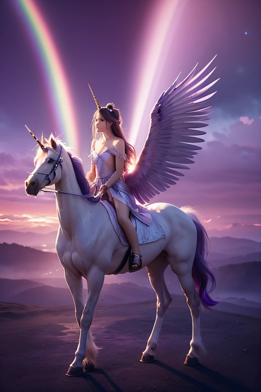 Draw two winged pegasus in a purple sky, unicorns, ethereal rainbows, Rainbow reflections, Pegasus, In a mysterious scene, unicorn, Magical and mysterious, heaven on earth, author:Caroline Chariot-Dayez, Cindy Wright, glitters. fantasy, beautiful dreamy breathtaking, Ethereal aurora spirit, beautiful fantasy, magic fantasy highly detailed