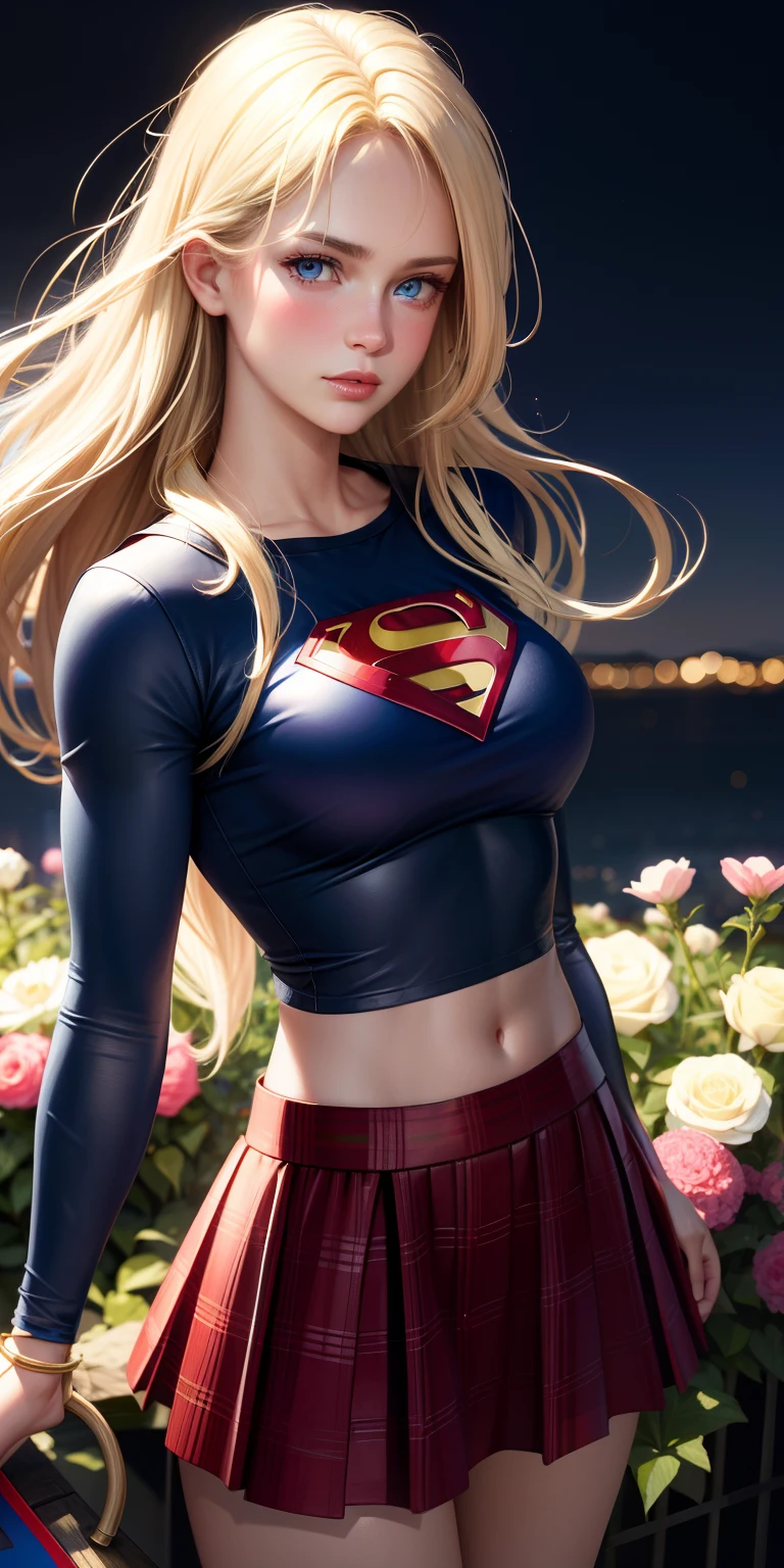 ((Best quality, masterpiece, absurdists)) supergirl:1.5, 1girl,woman((19 years old, huge breasts, long blonde hair)) ,wearing cheerleader uniform (( cropped top short long sleeve and pleated skirt of supergirl)),sexy body, cute girl , bathing suit, perfect body, warm with bright sun