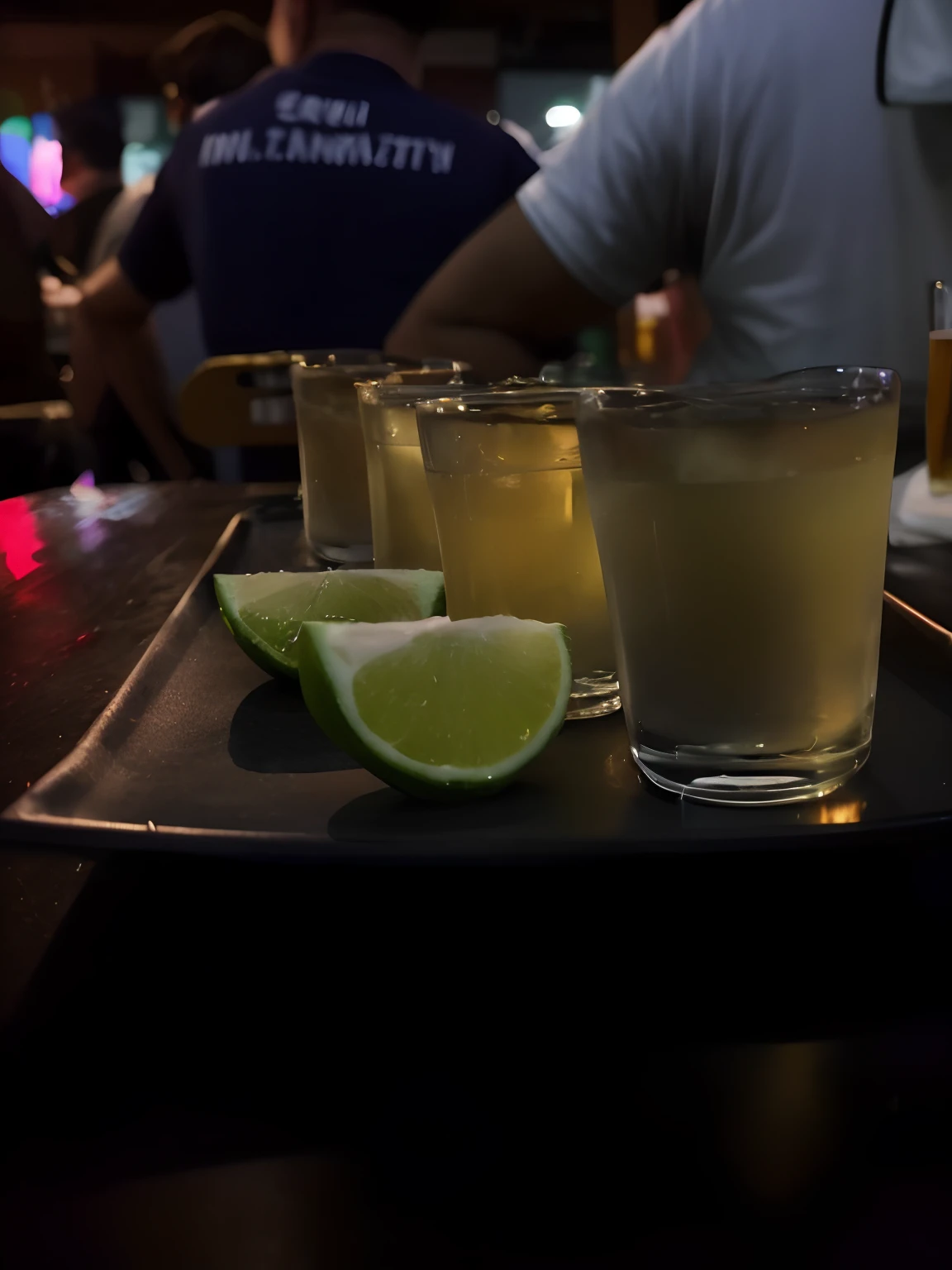 There are three glasses of alcohol and two slices of lime on a tray, Engole, Tiro em Leica SL2, Tiro na Nikon Z9, Bebidas, Fotografado com uma lente Canon 20mm, disparado em 1 6 mm, three quarter shot, Tiro com Sony Alpha, Tiro com Sigma F / 4. 2, Tiro com Sigma F/ 4.2