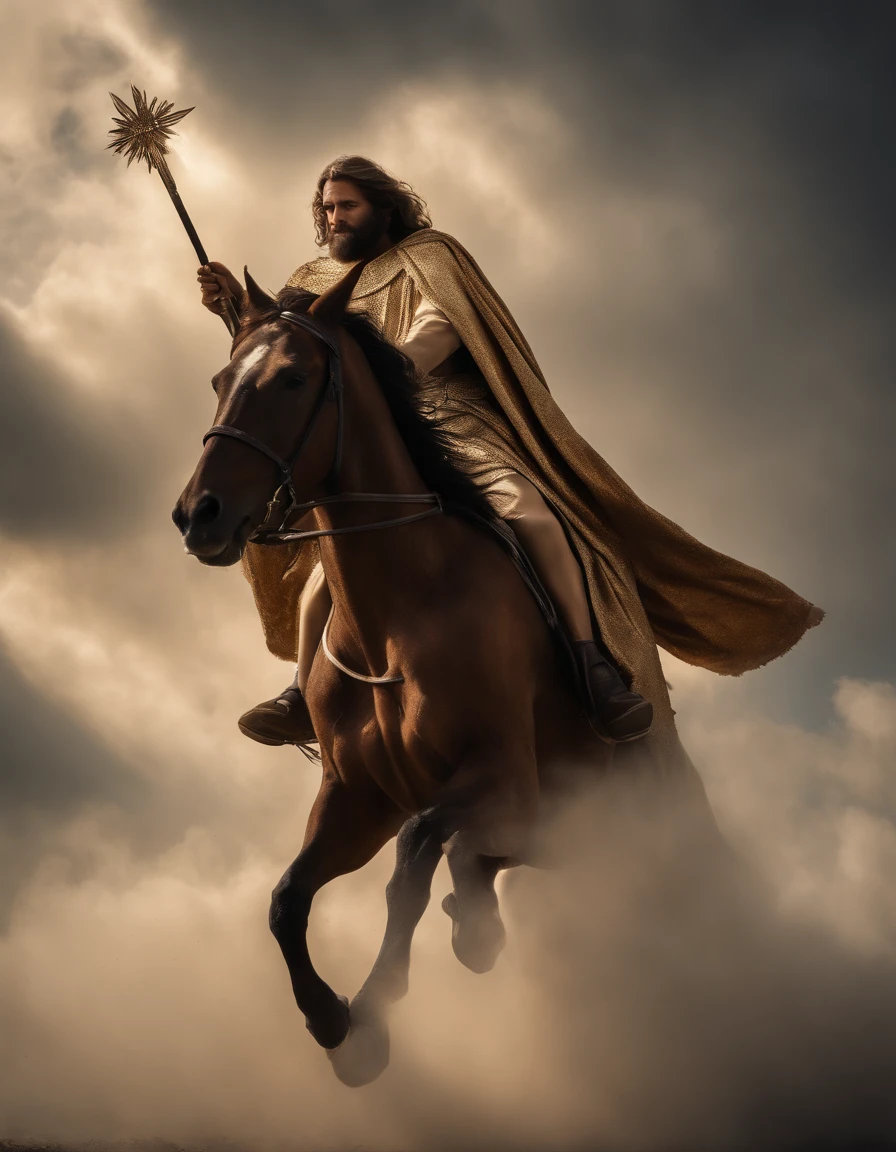 A photo drawing capturing Jesus riding a horse with wings in the sky, with a wide view looking straight at the action. He is dressed in a blood-stained robe ((Golden crown on his head and an iron scepter in his right hand)). The focus of the image is on the action of Jesus as He looks directly at me. The scene takes place in the sky with many clouds and angels in the background. Lighting should be intense, enfatizando a alegria do momento, with rays of sunshine breaking through the clouds to create a sense of divine presence.