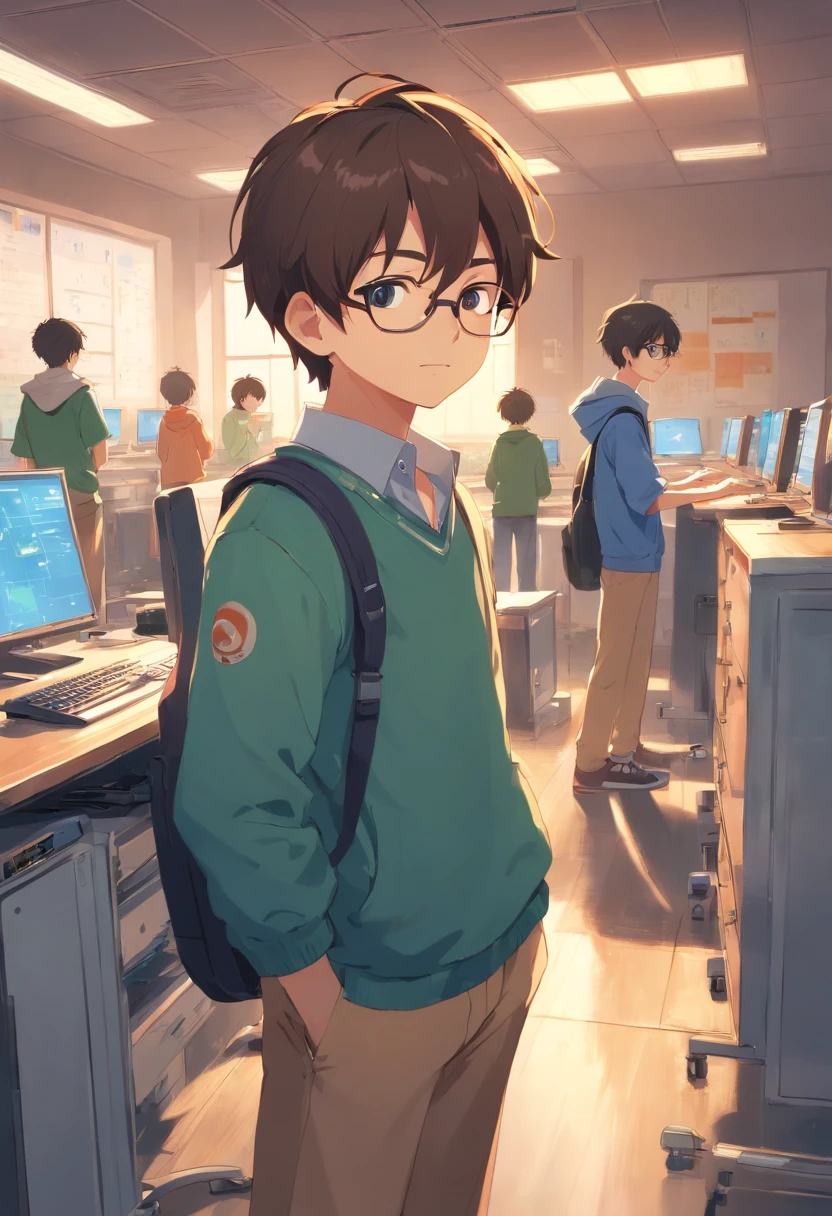 Club Activities Junior High School Two cute s with short hair One with glasses and one without glasses Different clothes Computer Programming Campus Activity Room Computer Club Happy Performance children